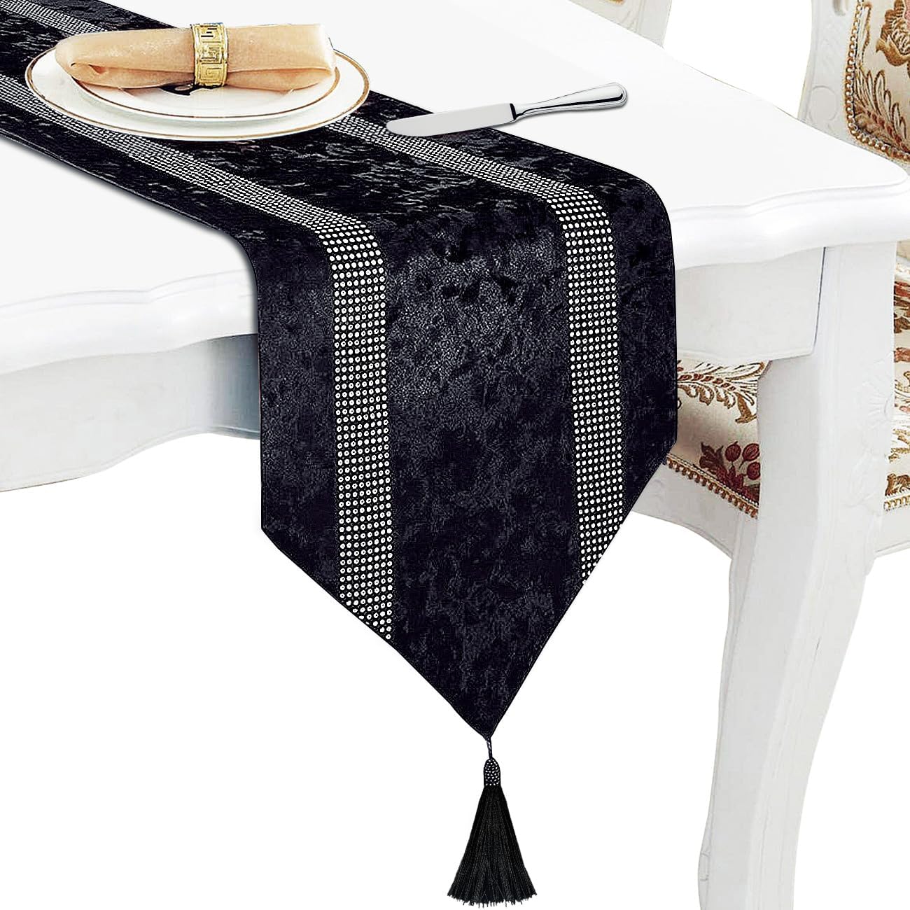 Jiino Elegant Black Table Runner 120 Inches Long Dresser Runners with Double Diamante Strip and Tassels for Dining Table Decor