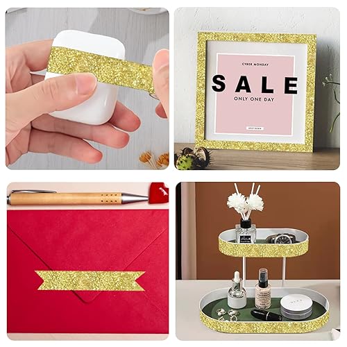 Miniatura 3 de Cinta Washi con purpurina, 3 rollos de cinta decorativa dorada de 58 pulgadas (0.591 in), autoadhesiva para manualidades con ribete dorado con