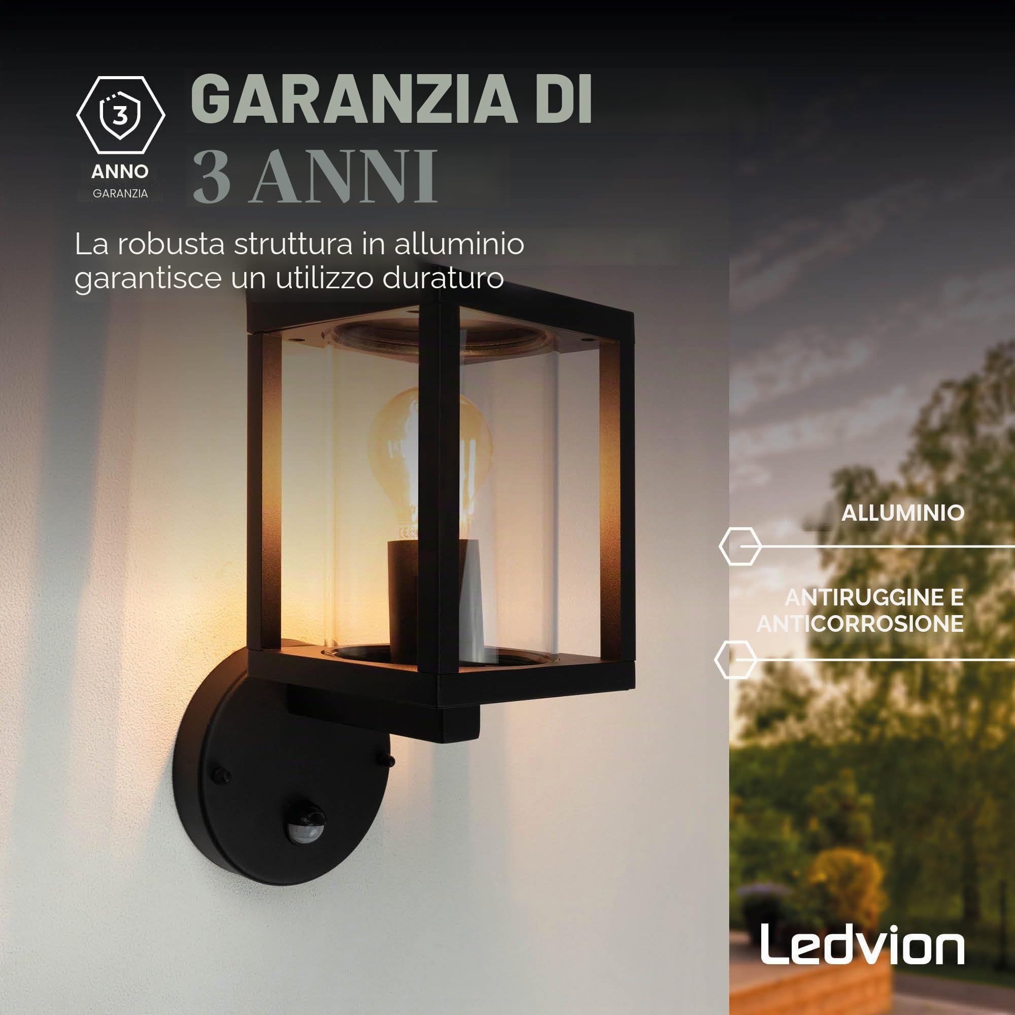 Ledvion - Lampada a Parete Nero, IP44, E27, Sensore di Movimento, Esterno