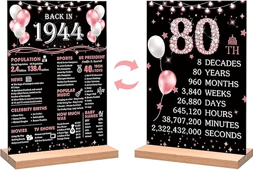 Roetyce Decoración de cumpleaños número 80 de 1944, regalo para mujeres, póster de oro rosa en 1944 con letrero acrílico (1 impresión dúplex),
