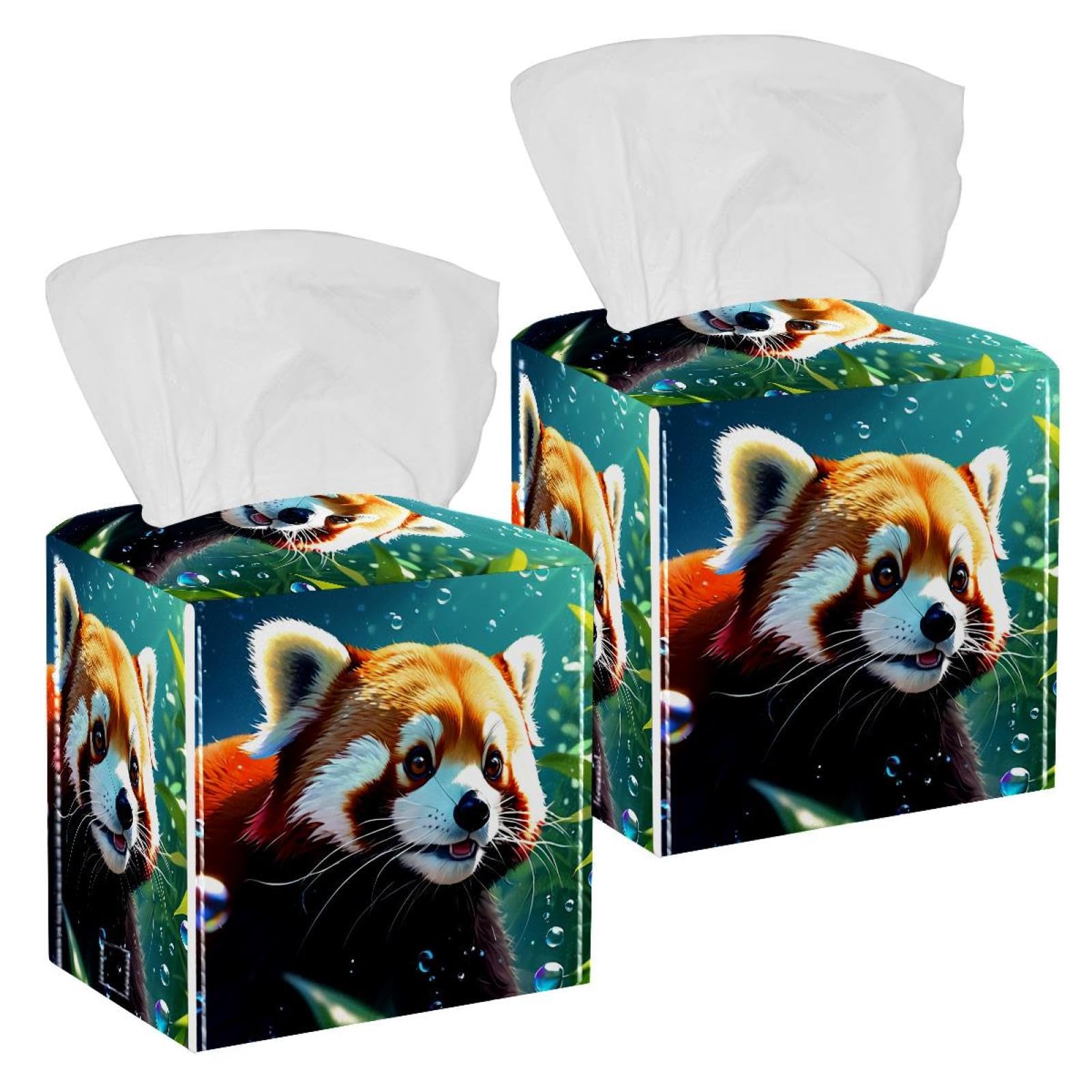 Lovely Raccoon Swims Underwater Tissue Box Cover, 2 Pack PU Leather Square Facial Tissue Dispenser Box holder for Home Office Car