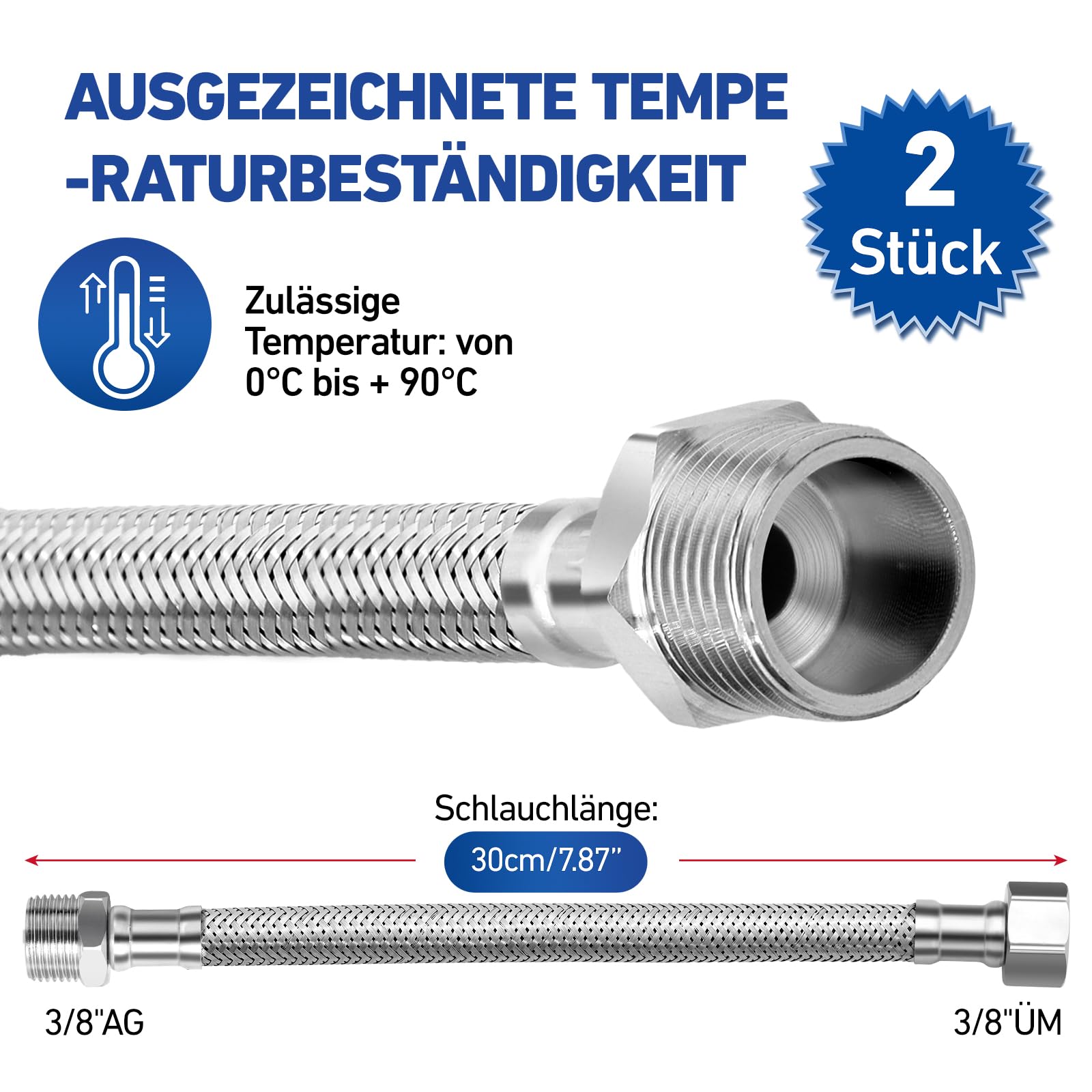 2 mangueras flexibles de acero inoxidable 304 de 3/8, manguera blindada de 3/8 pulgadas y rosca exterior, manguera para grifo, válvula angular, calentador de agua