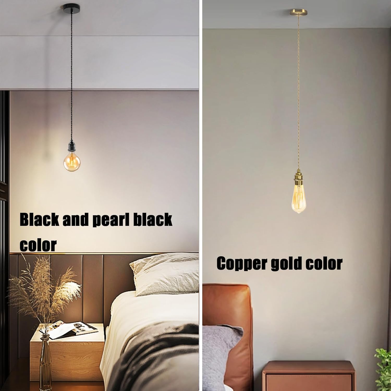 Pearl Black Mini Pendant Light Kit 2 Pack 4.92ft Vintage Pendant Light Cord Kit with Ceramic E26 Lamp Socket, Mini Ceiling Hanging Lights Fixtures for Kitchen Bedroom, No Bulb