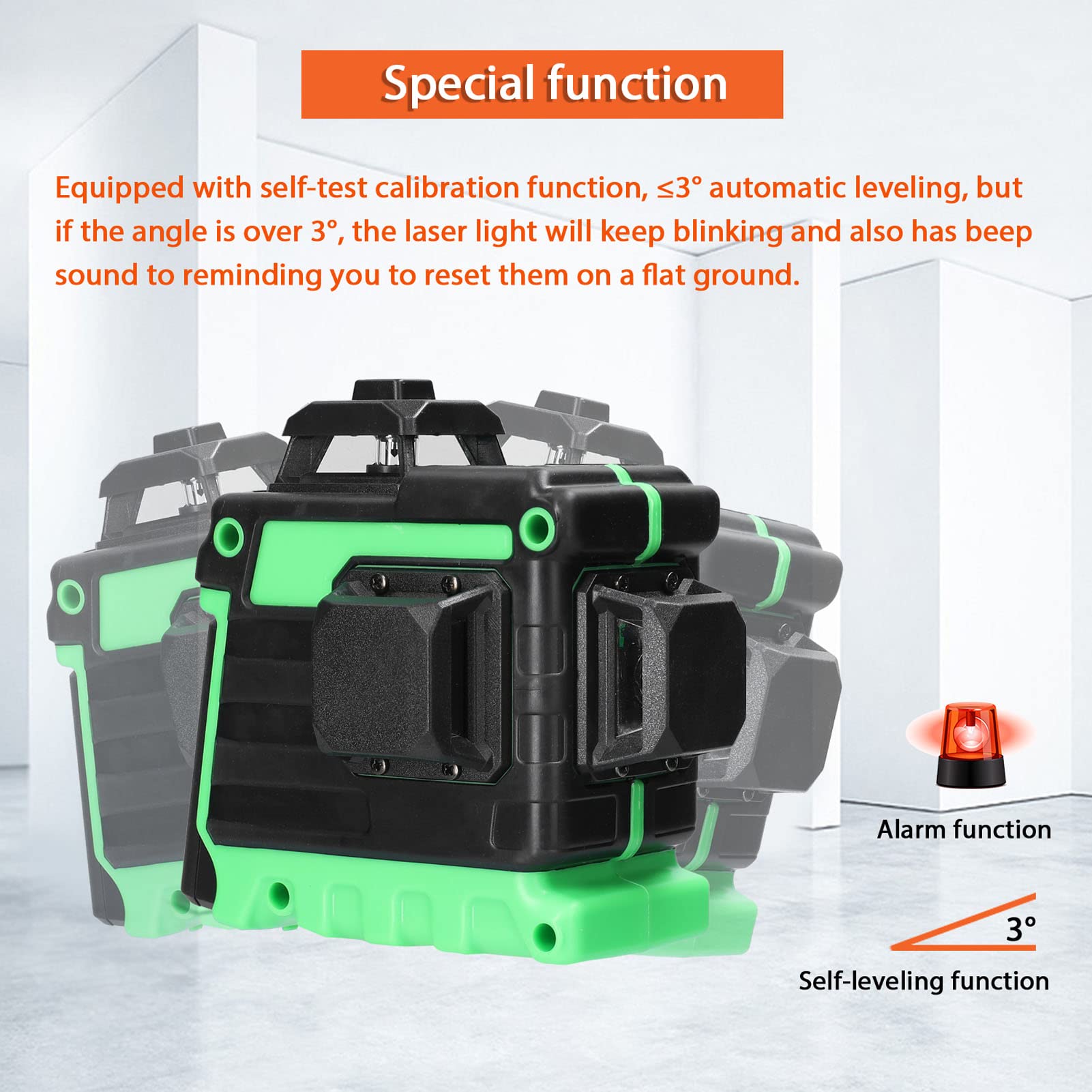 Nivel Láser Autonivelante 360 Grados 25m 3D 12 Lineas Líneas Láser Cruzada+2 * 1200mAh Batería de Litio Recargable+Base Giratoria+Soporte de Pared+Bolsa de Transporte para Diseño de Baldosas