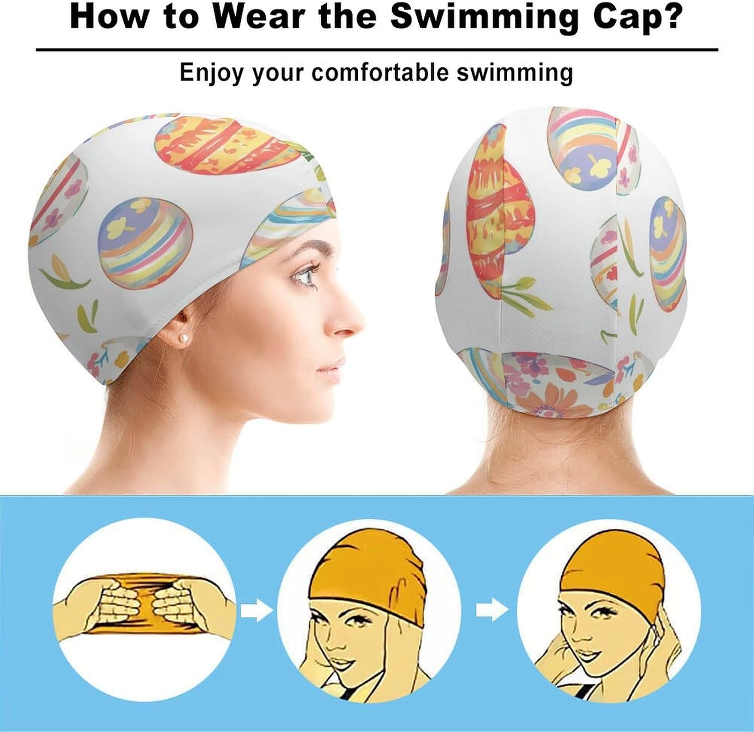 Colorful Stripes Floral Easter Eggs Womens Swim Cap for Men Adult Swimming Hat Curly Short Medium Long Hair