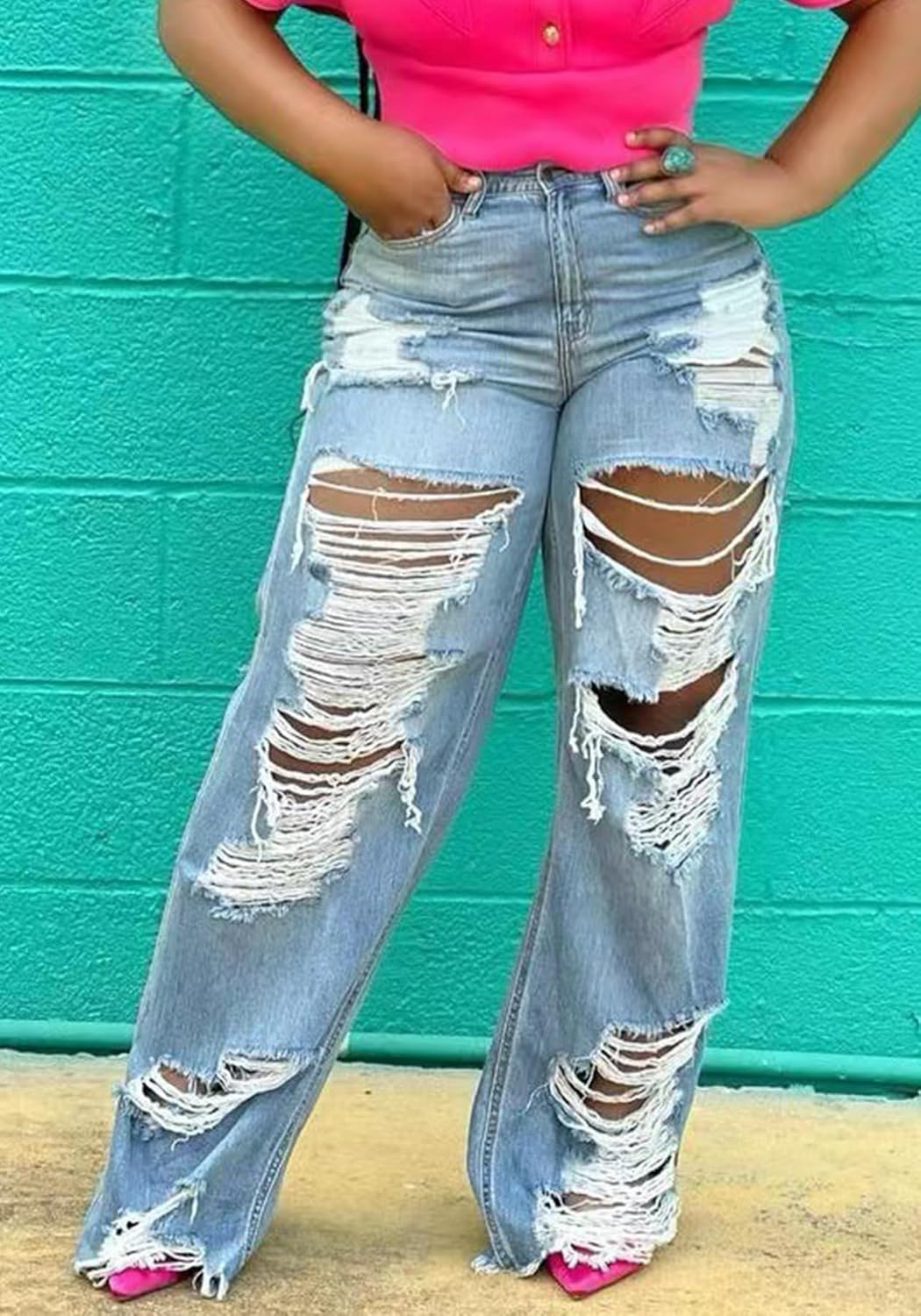 Ptorlio Women's Ripped Jeans Y2k Straight Wide Leg High Waisted Jean Distressed Baggy Denim Pants - Image 5