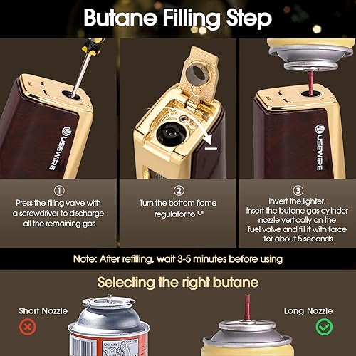 Miniatura 6 de USEWIRE Juego de encendedor de puros y cenicero, 4 llama de chorro a prueba de viento, con soporte para puros, encendedor de gas butano recargable,