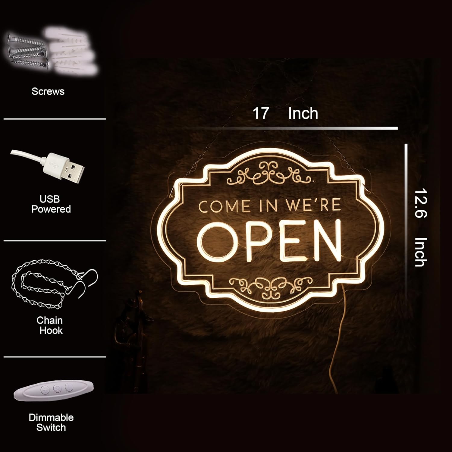 Open Neon Sign Dimmable 17" x 12.6" Come in we're Open Neon Sign Open for business Neon Signs for Business Window Shop Commercial Hotel Restaurant Door Wall Background Decoration