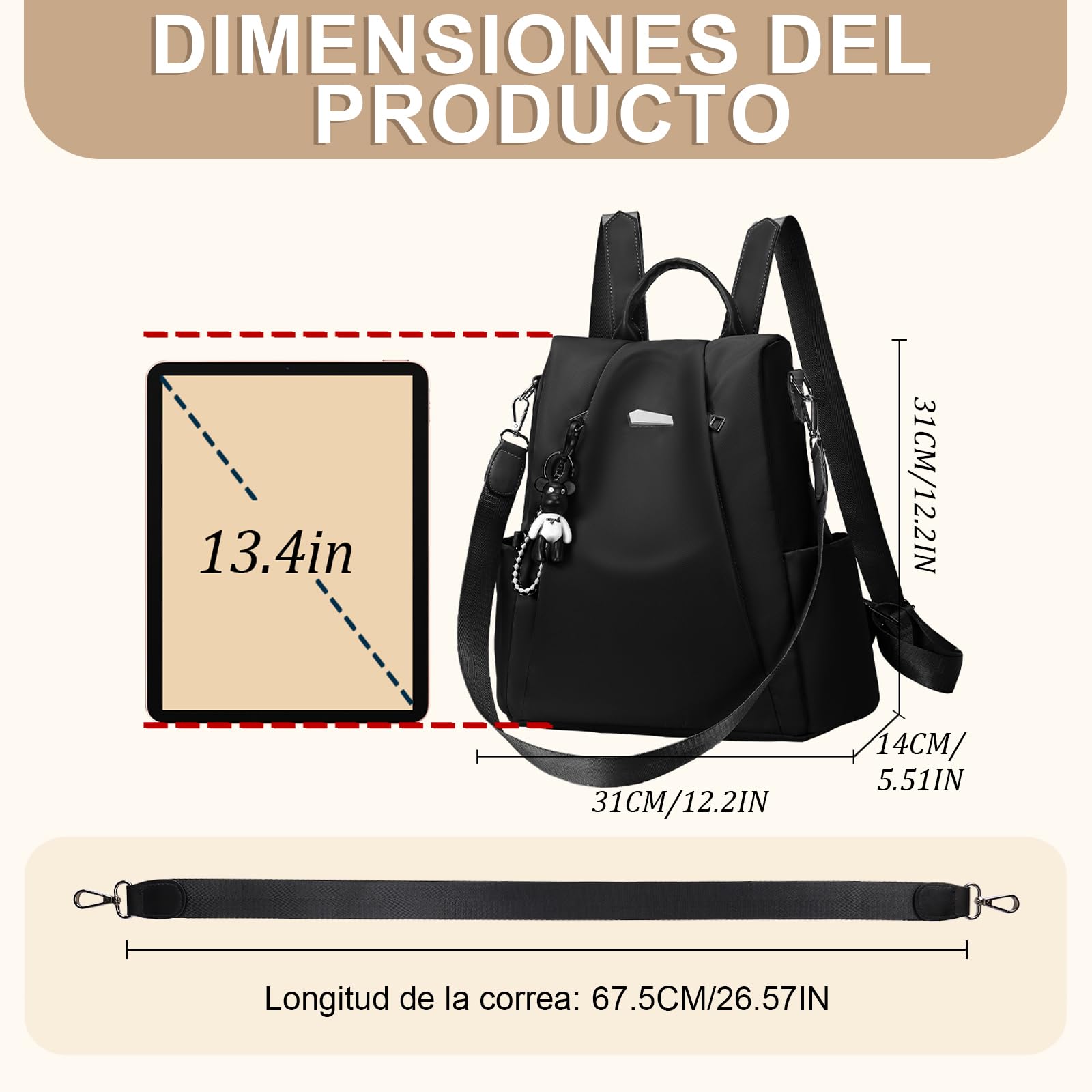 Eshow Mochila Antirrobo para Mujeres y Chicas, se Puede como Bolso de Hombro o Bolsa Bandolera, Adecuado para Viaje Escuela Compras y Trabajo Negro