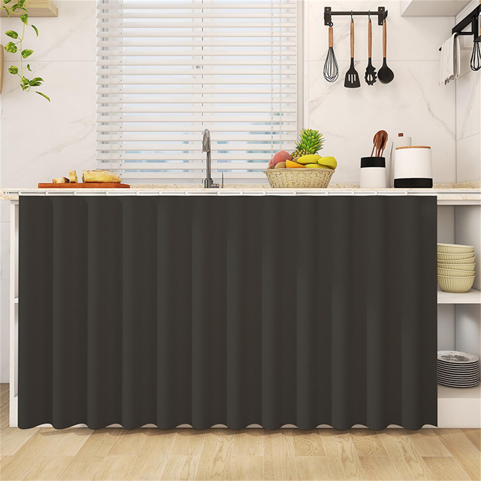 Highdi Cupboard Short Curtain Kitchen, Hide Away Small Curtains for Kitchen Cupboard Door - No Drilling Is Required with Hook and Loop for Under Sink-Solid Colour (Dark Grey,60 * 120cm)