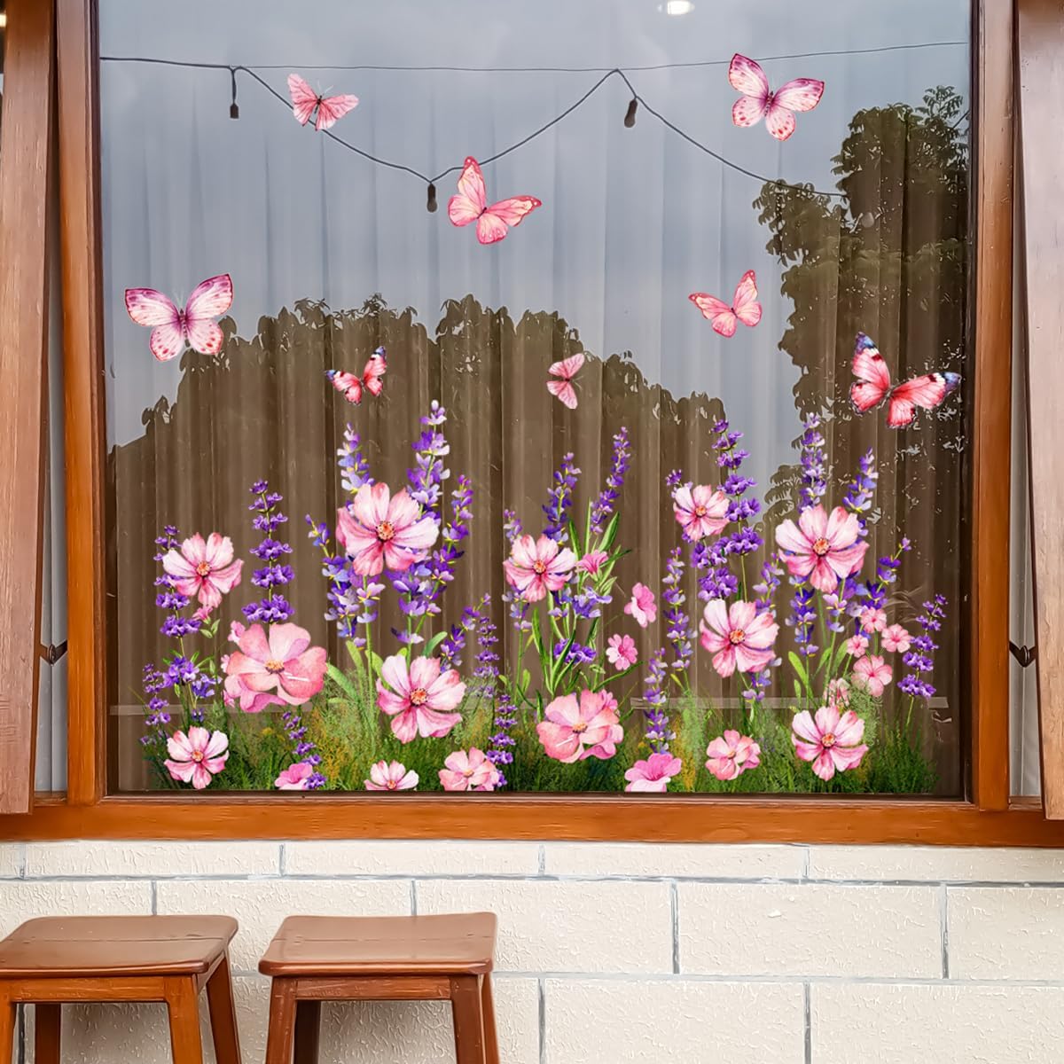 Colorful Flower Window Clings Summer Wildflower Window Stickers Double-Sided Spring Garden Floral Bouquet Window Cling Butterfly Grass Glass Decals for Bedroom Living Room Office Decor Home Decoration