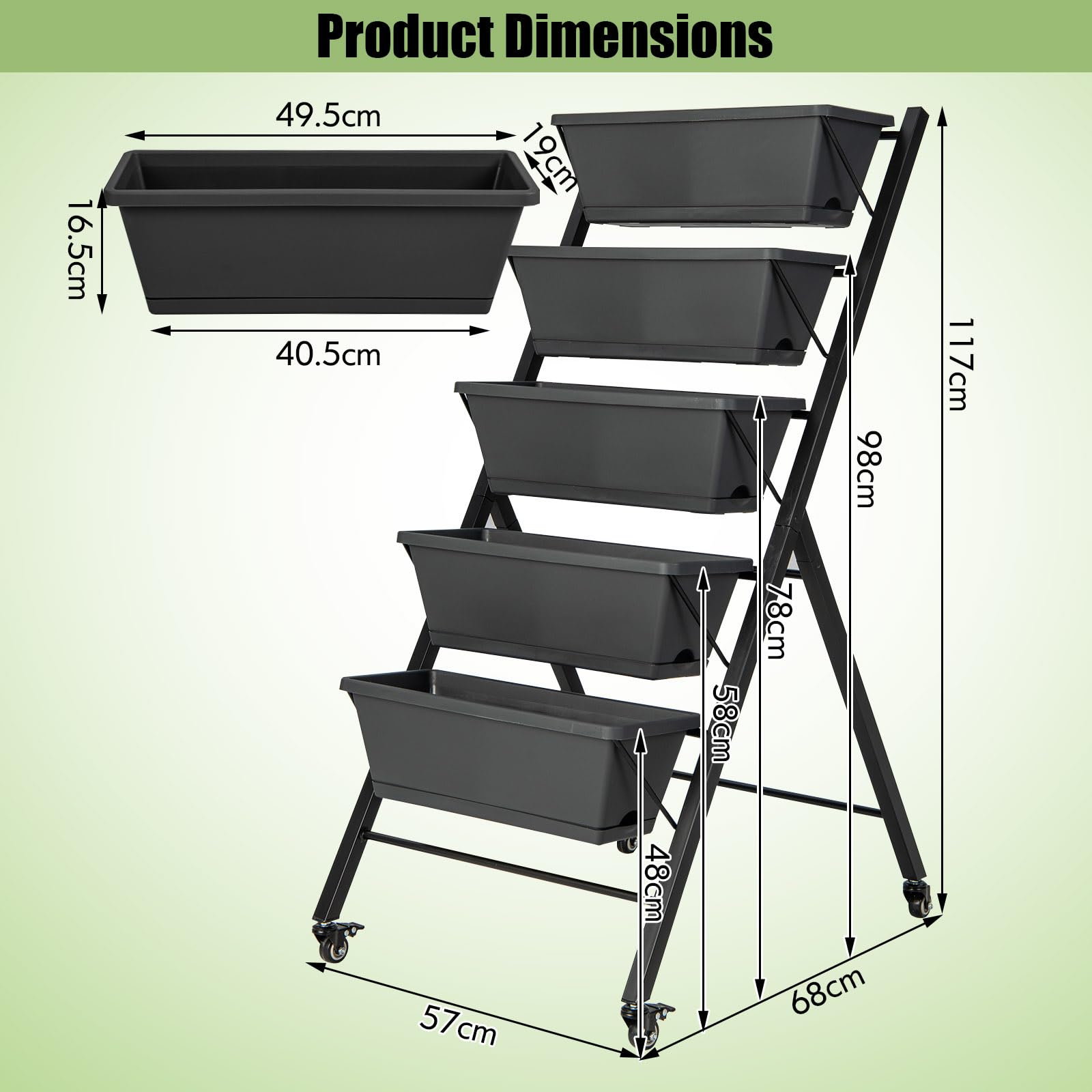 GOPLUS Jardinera Vertical de 5 Niveles, Estantería para Plantas, Cama Elevada de Jardín con Ruedas, Orificios de Drenaje, Bandeja Extraíble, Huerto Urbano con 5 Macetas, para Verduras Flores (Negro)