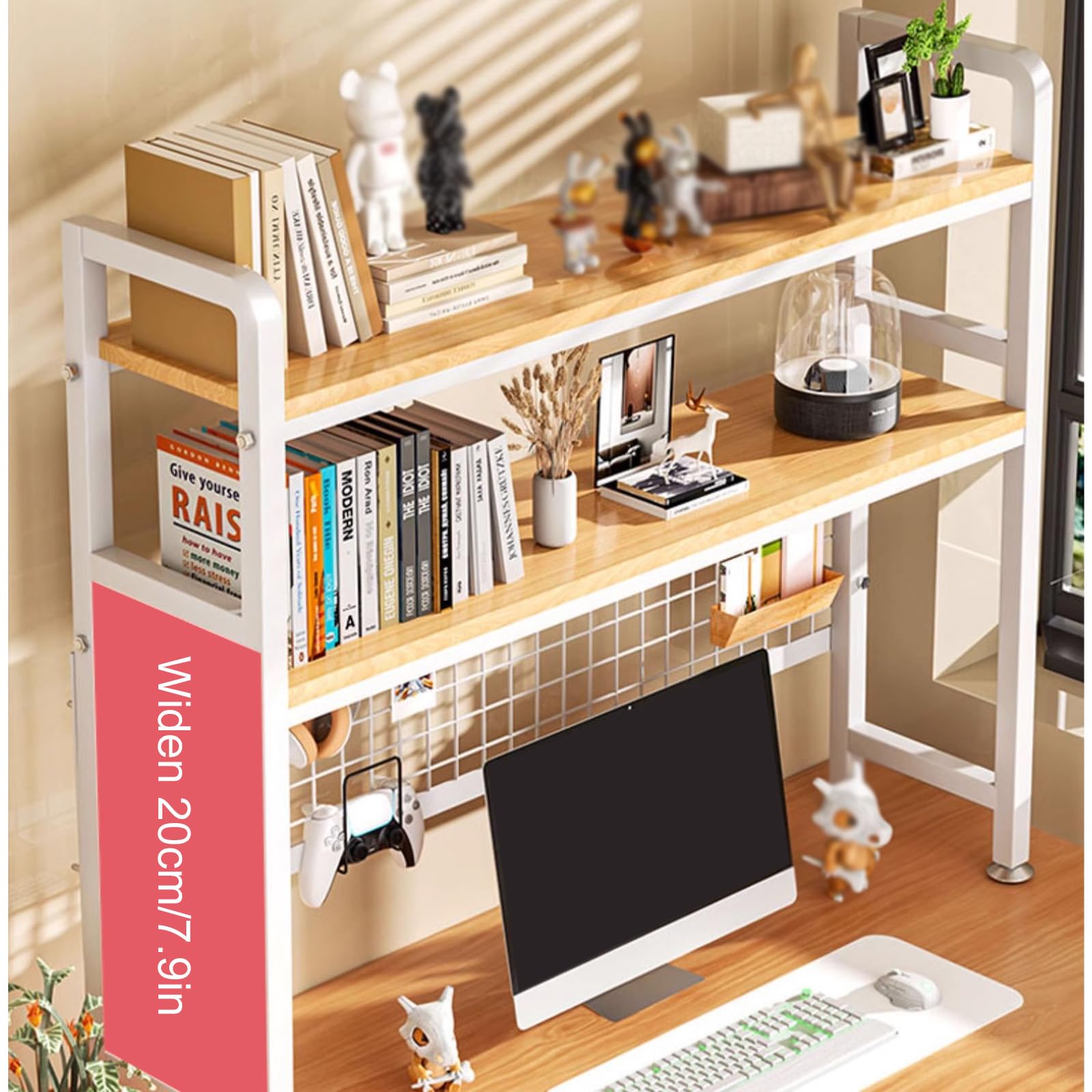 Organizer da scrivania in legno a 3 livelli per dormitorio, scaffale compatto per scrivania per computer con organizer multiuso per scrivania da ufficio per libri e forniture