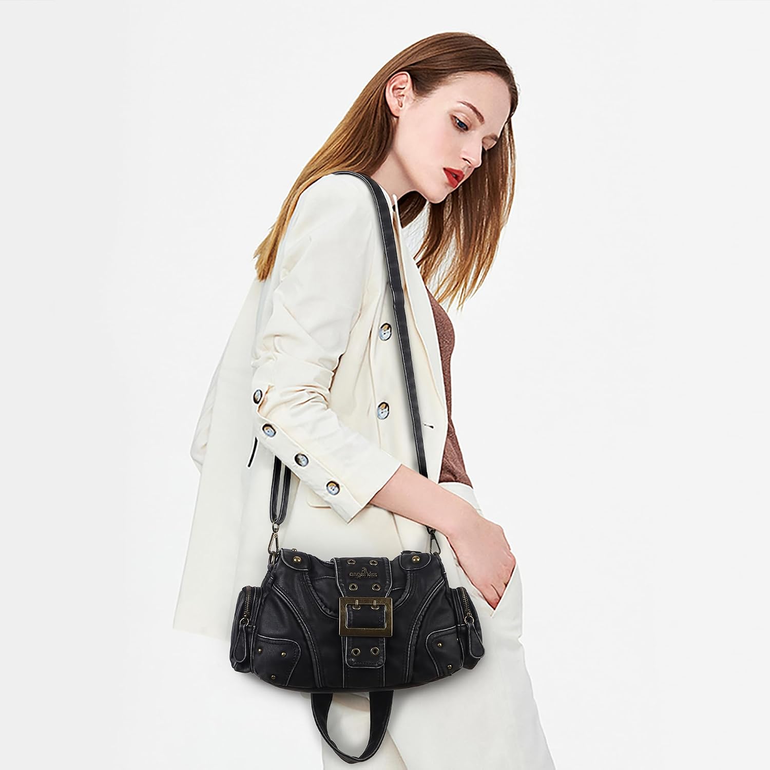 Angel Kiss Hobo Purses for Women, Small Vegan Leather Shoulder Handbag, Vintage Multi-Pocket Crossbody Bag Tote Bag