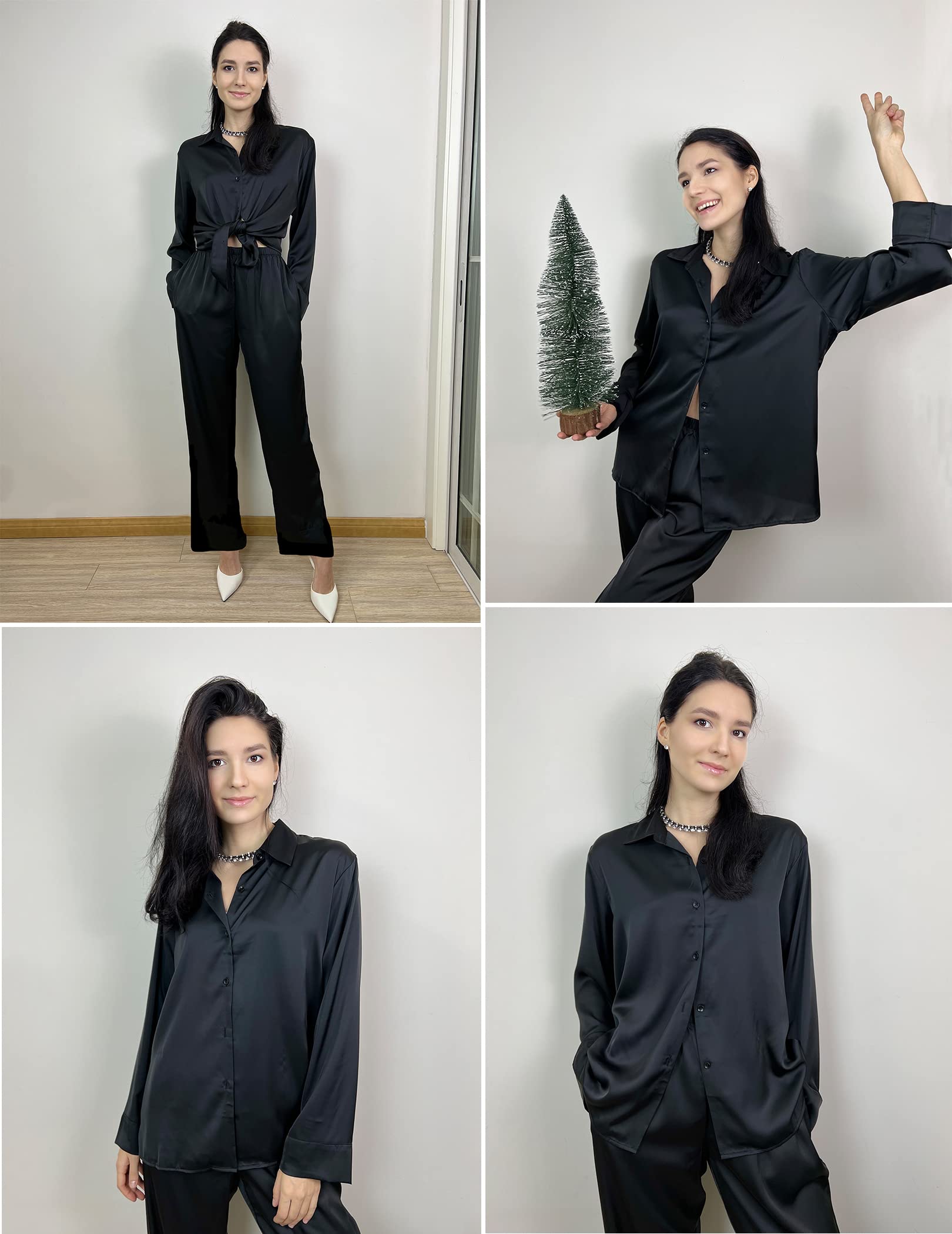 Ekouaer Satin Bride Pajamas Loungewear Set Long Sleeve and Long Pants with Pocket 2-Piece Sleepwear Set Button-Down Pajamas Set Casual Pajama Set Black XXL