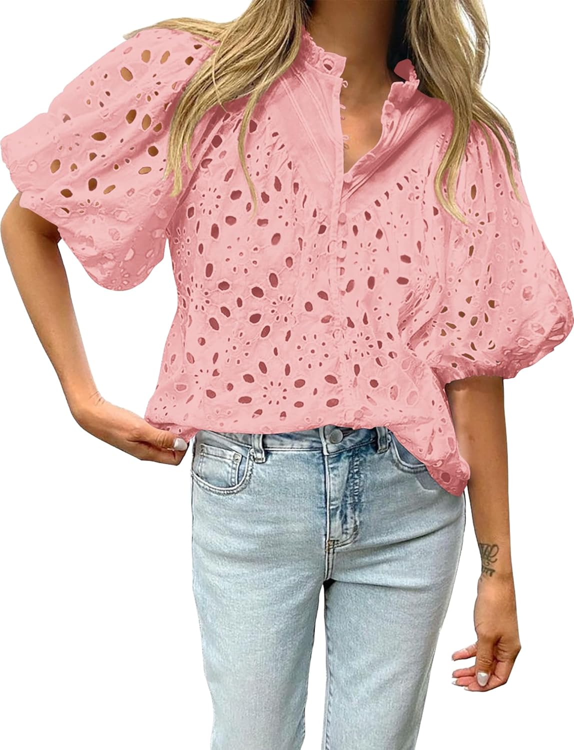 BTFBM Womens Blouses Summer Hollow Out Eyelet Embroidery Tops V Neck Buttons Puff Sleeve Boho Shirts Spring Fashion 2026 - Image 5