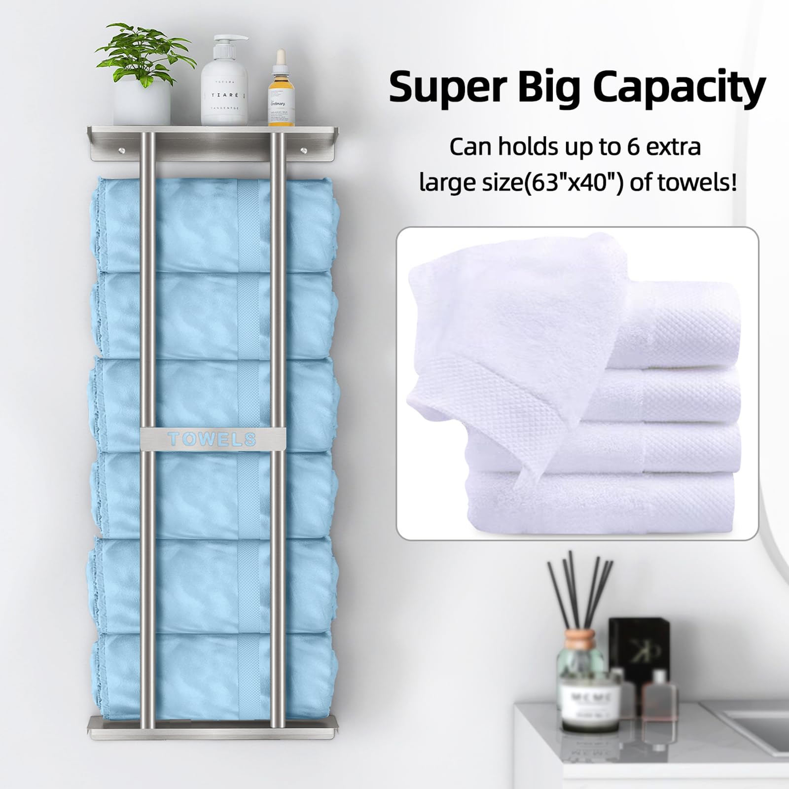 STWWO Toallero de Baño de Pared 76cm Toallero Vertical con Estante Plata Almacenamiento para Toallas enrolladas Baño Soporte para Toallas de Mano Grandes Toallas de Playa, Metal