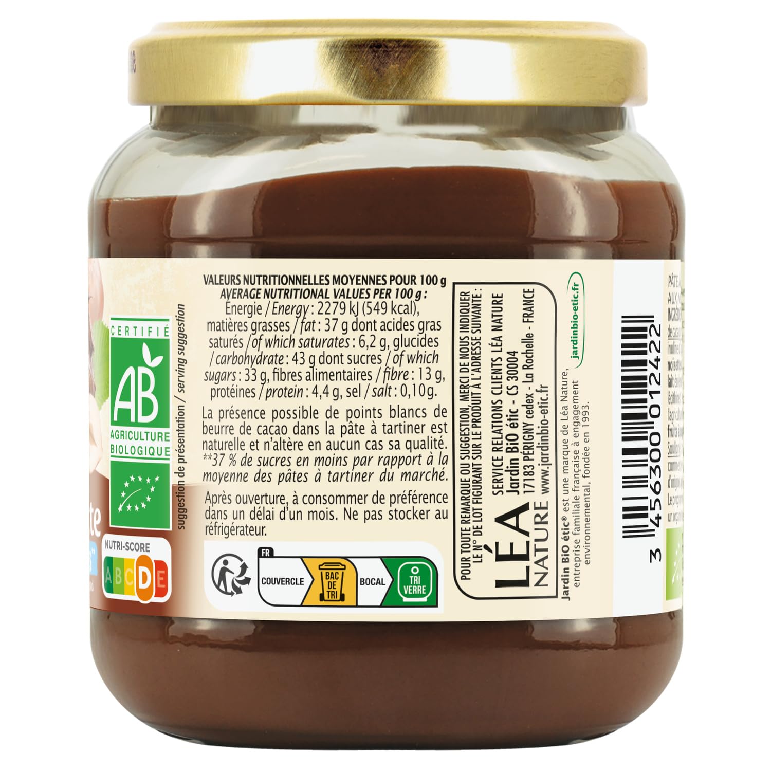 Gourmandise réduite en sucres avec JARDIN BIO ETIC Pâte à tartiner chocolat noisette sans huile de palme, pot de 350g - Lot de 3