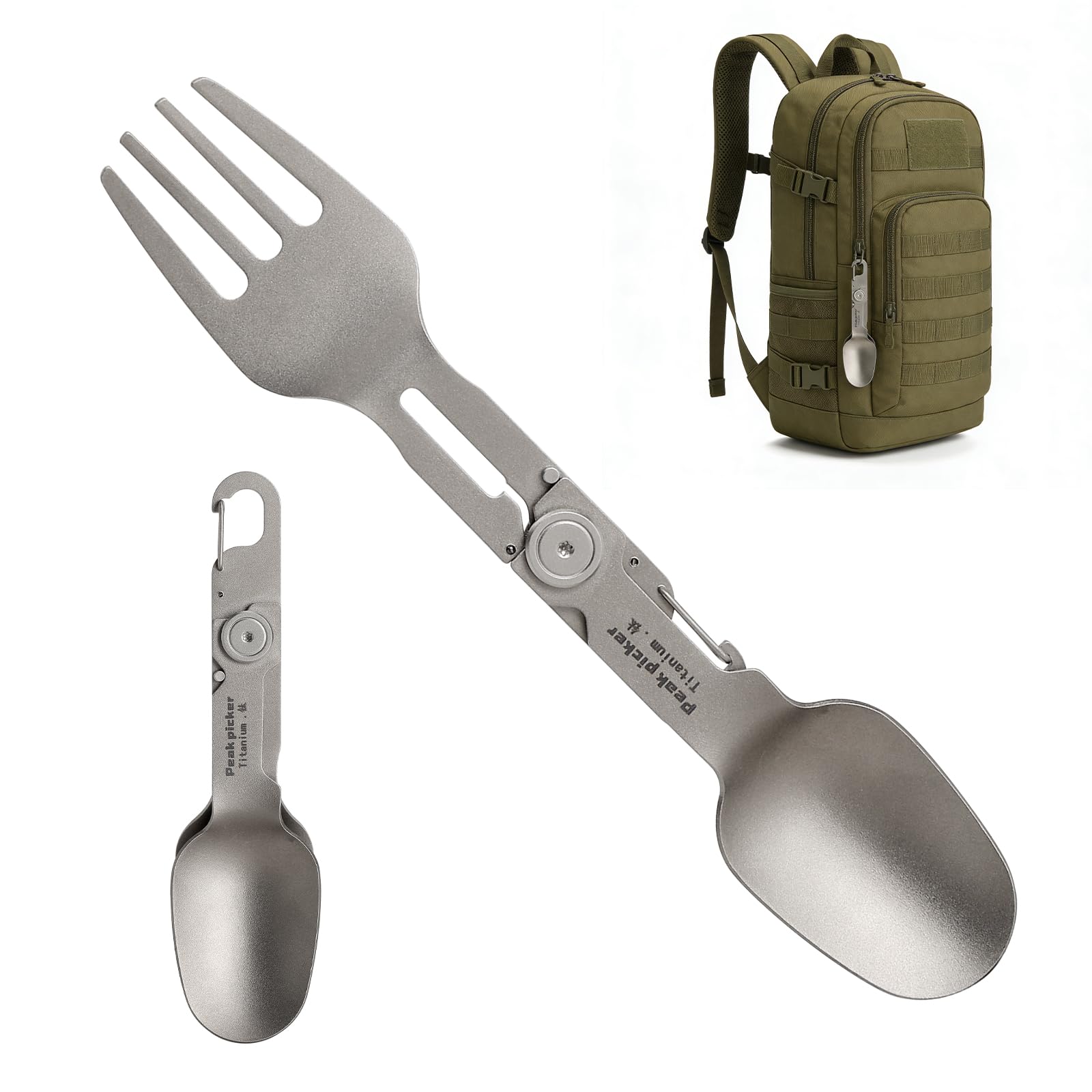 Sztućce kempingowe, sztućce kempingowe, 1 osoba, składane sztućce tytanowe, sztućce outdoorowe, ultralekkie, 28,5 g, sztućce kempingowe, składane z czystego tytanu, 2 w 1, z karabińczykiem, do