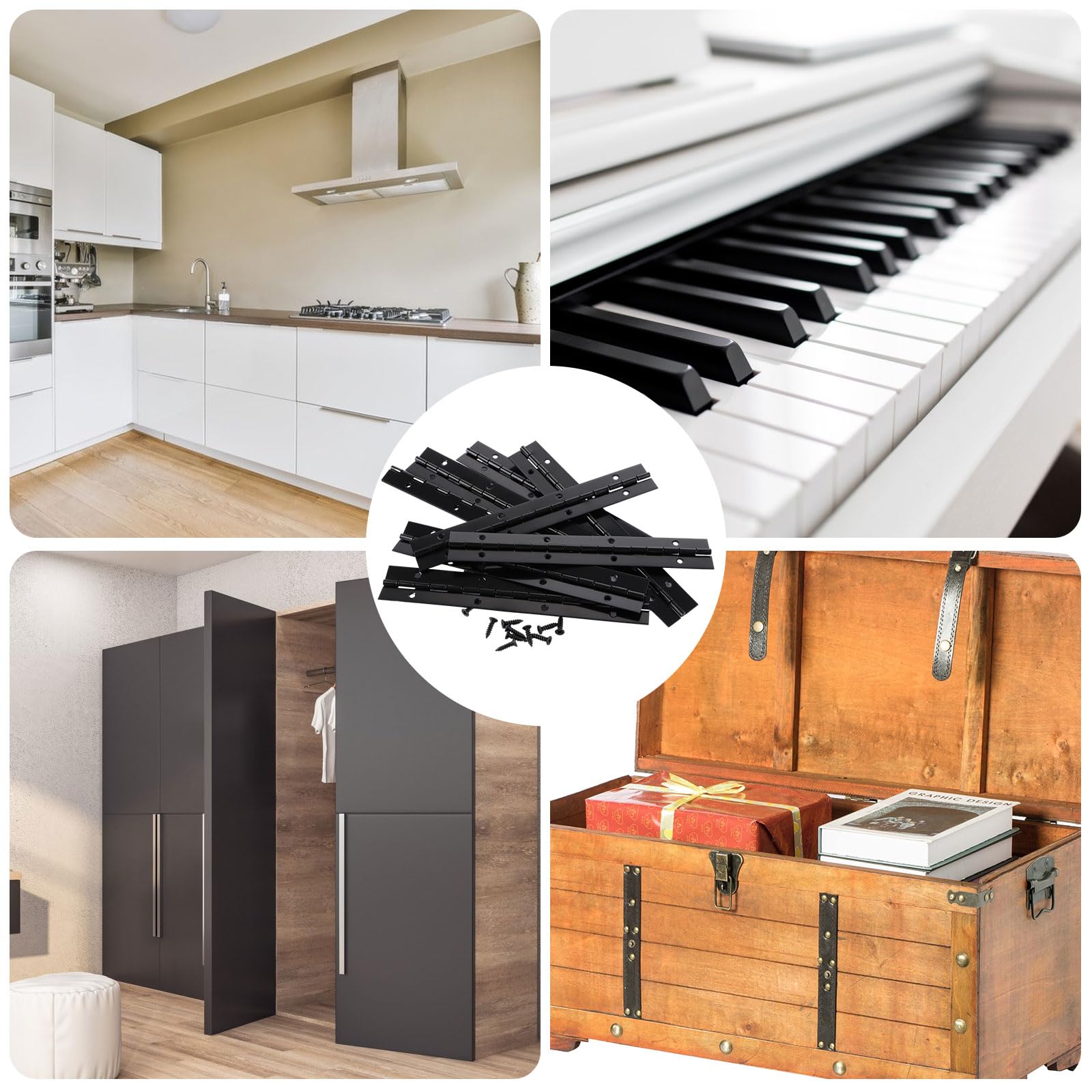 16 bisagras de piano de 8 pulgadas resistentes, bisagras continuas plegables de 0.04 pulgadas de grosor, bisagras de piano de metal negro para armarios, puertas, ventanas (7.87 pulgadas de largo x 1.2