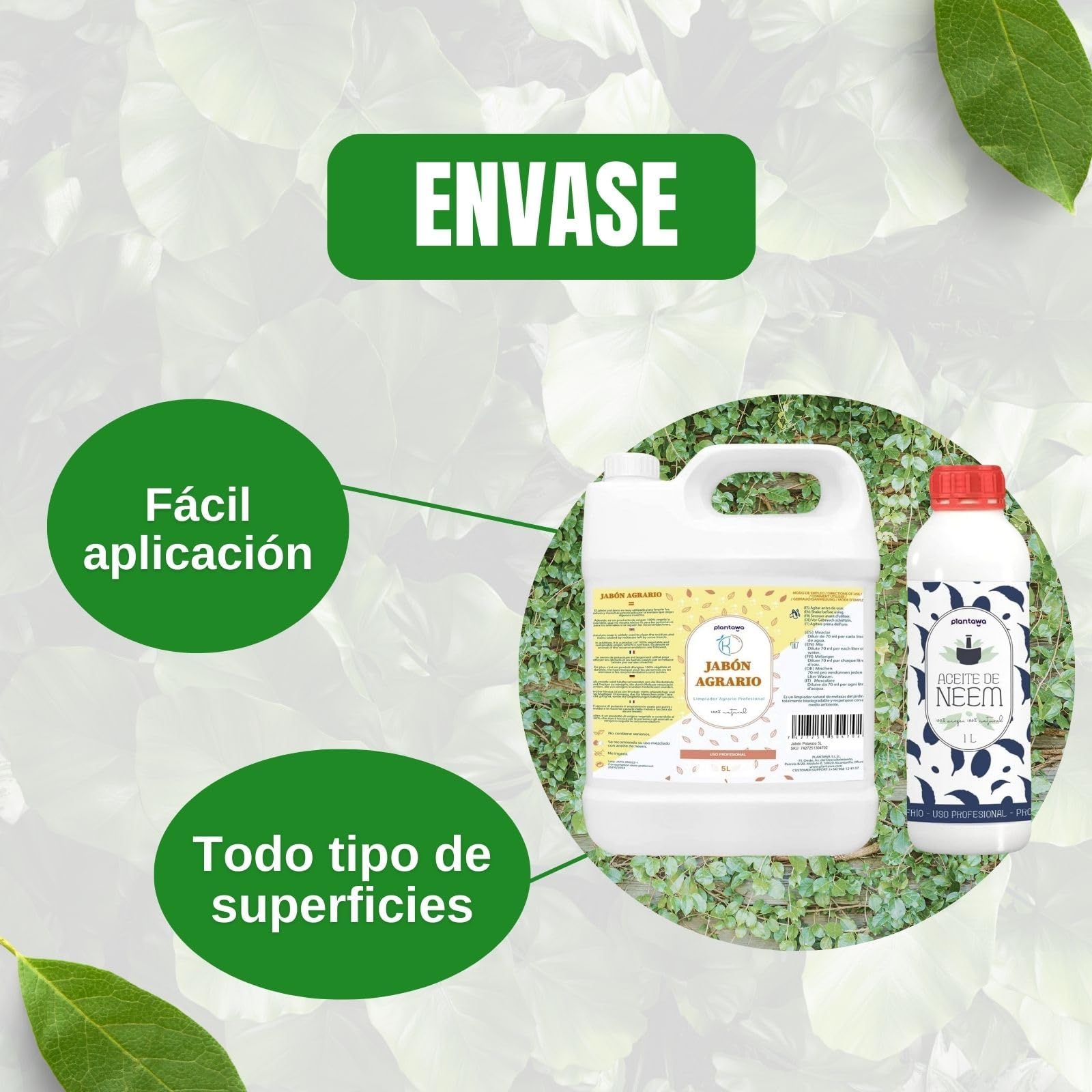 PLANTAWA Pack Ahorro Jabón Potásico 5L + Aceite de Neem 1L | Solución Multiusos | Fácil Aplicación y Máxima Eficacia | Versátil | Uso en Interior y Exterior | Productos de origen natural