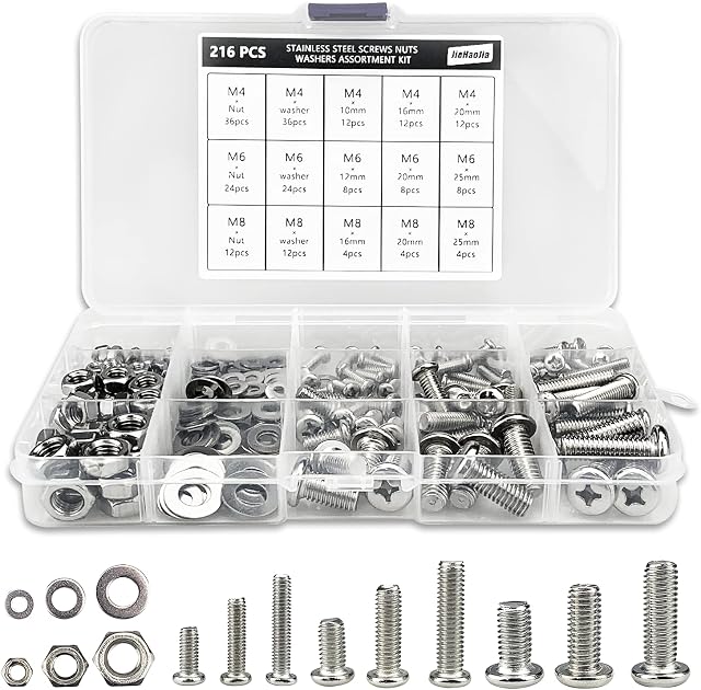 216Pcs Bolts and Nuts Washer Set,Stainless Steel Screws Nuts Washers Assortment Kit Stainless Steel Screws and Nuts Washers with Plastic Box,M4 M6 M8(Silver)