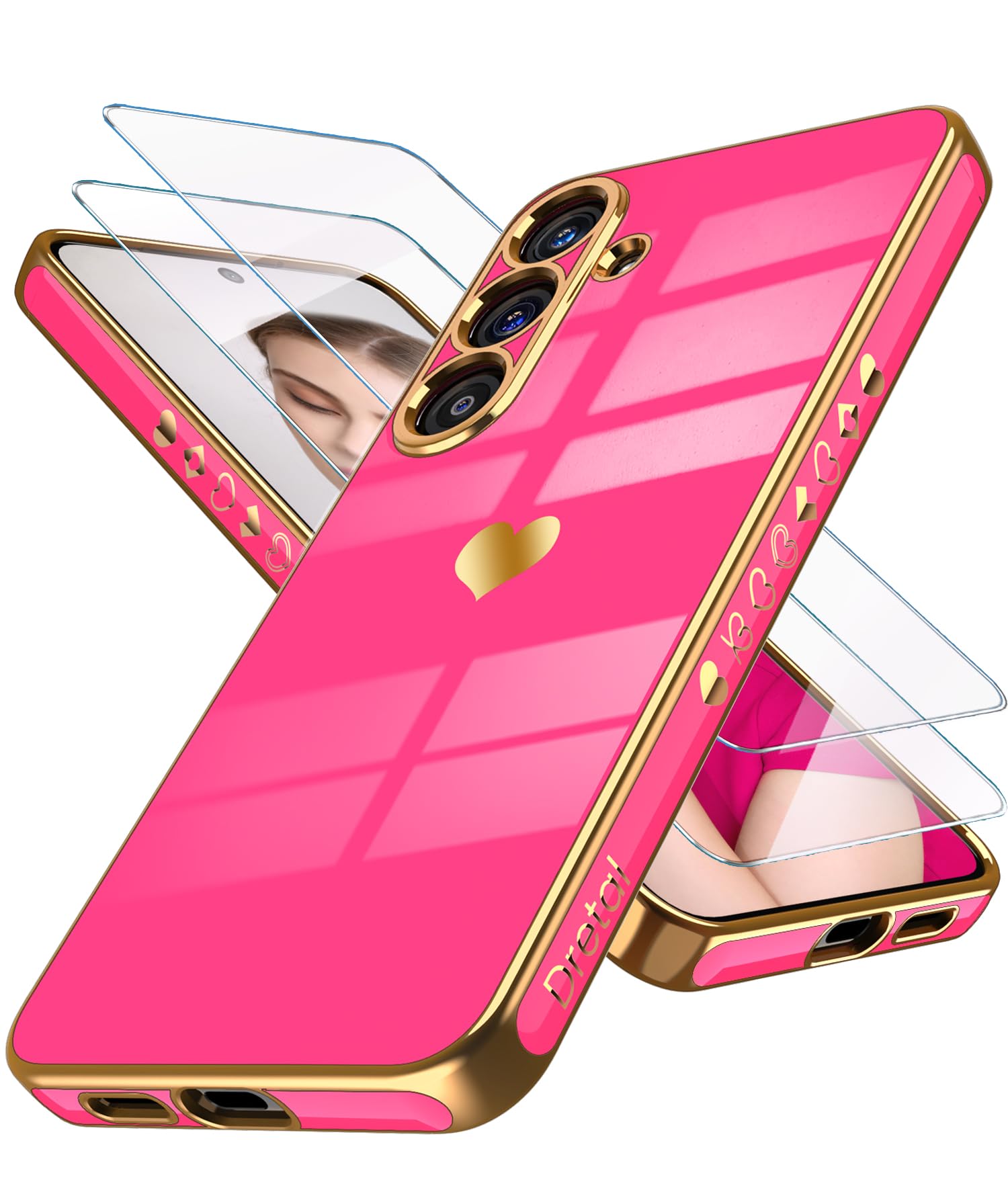 Dretal for Samsung Galaxy S25+ Plus 5G Case with Screen Protector, Women Girl Cute Girly Love-Heart Luxury Gold Soft Camera Protection Bumper
