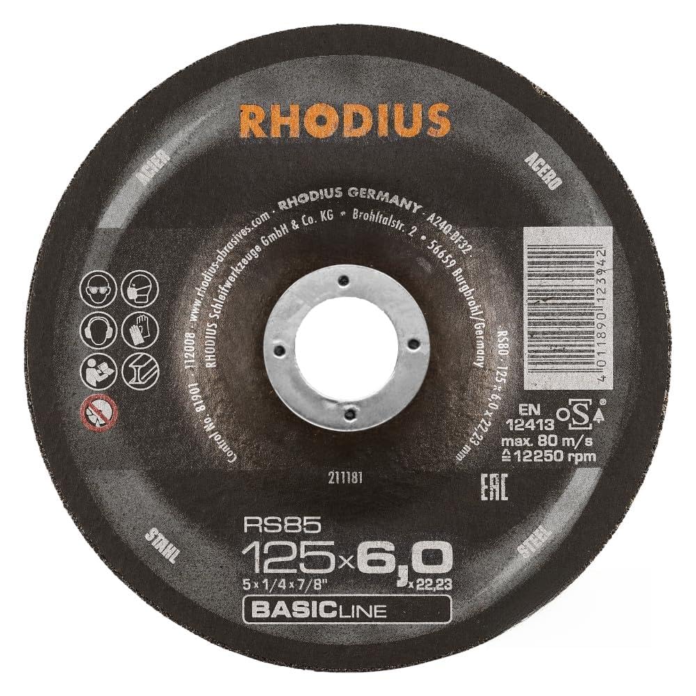 RHODIUS RS85 | 25x Schruppscheibe 125 Metall | 125 x 6,0 mm | für Winkelschleifer, Stahl, Eisen, Schleifscheibe, Grobschleifscheibe, Reinigen, Entlacken