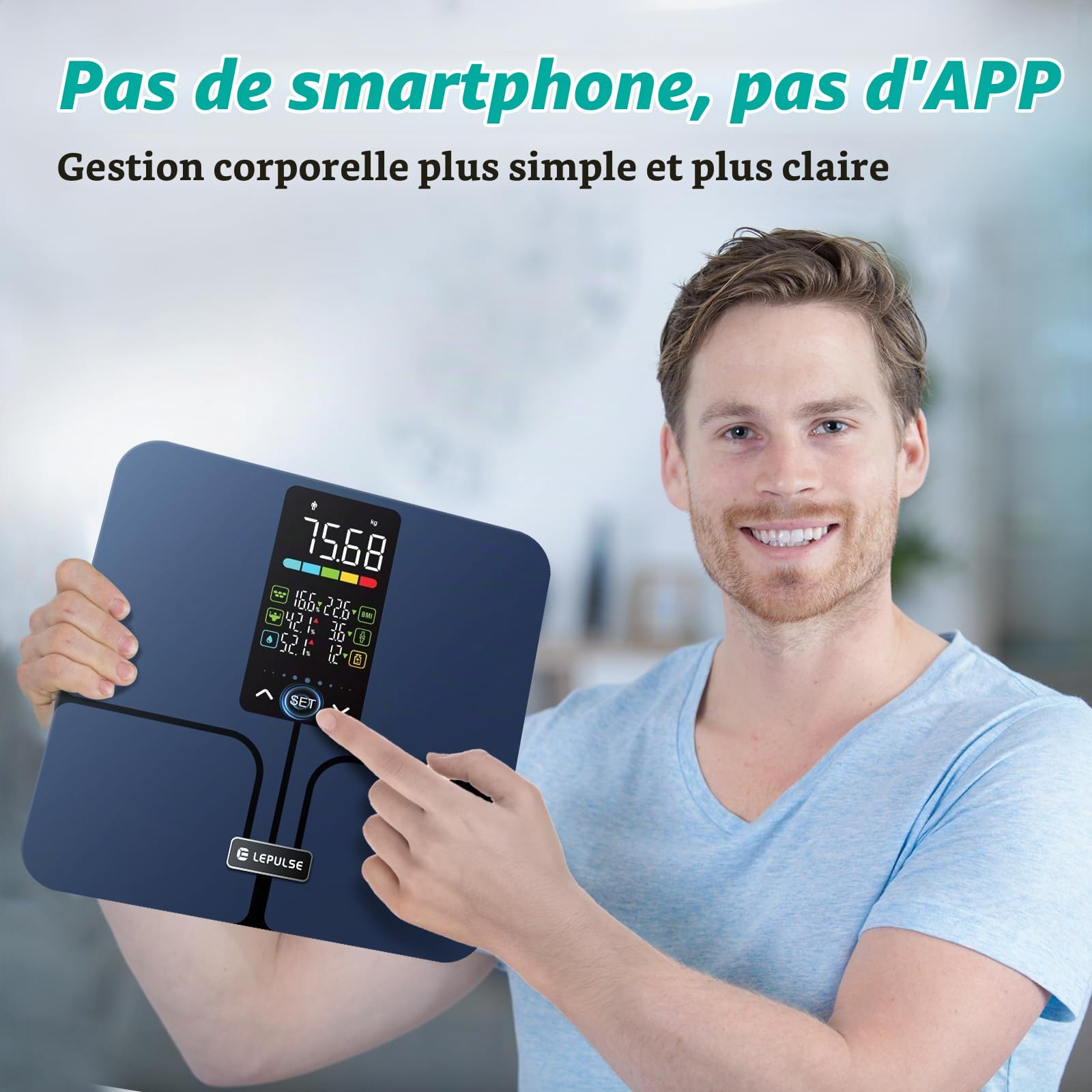 Balance Pese Personne Sans Application, 227 Kg, 5,44" Grand Écran, 8 Indicateurs Avec Technologie Revêtement ITO, Pese Personne Masse Graisseuse Et Muscle, 10 Identifiants Utilisateur, 30*30 cm