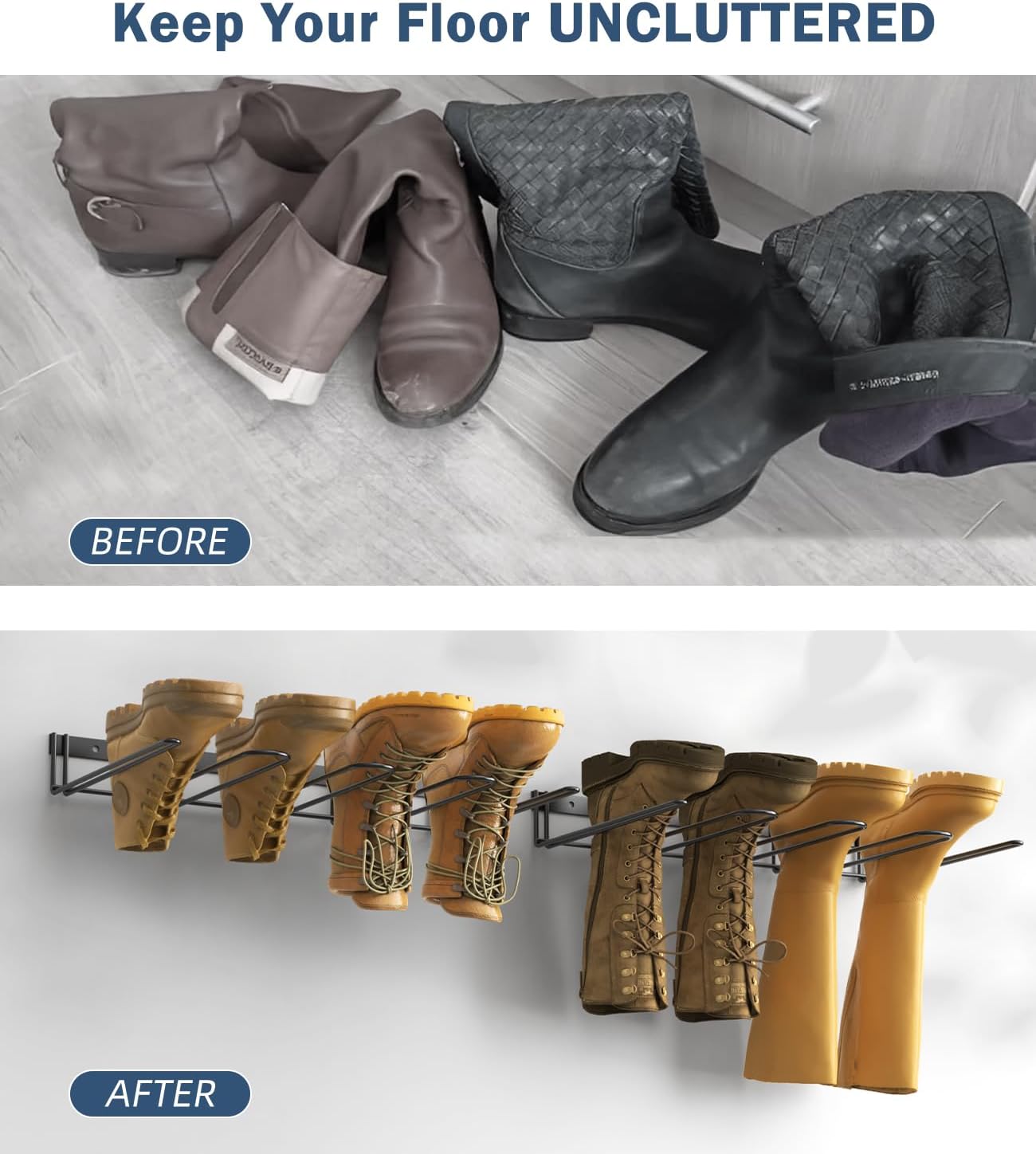 Boot Rack Wader Hanger Wall Mounted- (4 Pair) Sturdy Metal Boot Organizer, Tall Shoe Holder for Closet, Entryway, Indoor, Garage - Image 2