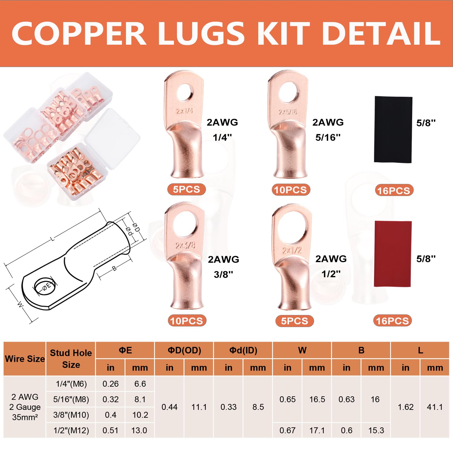 RIOCAN 62PCS 2 AWG Ring Terminal Connectors Battery Copper Wire Lugs 2 Gauge 5/16
