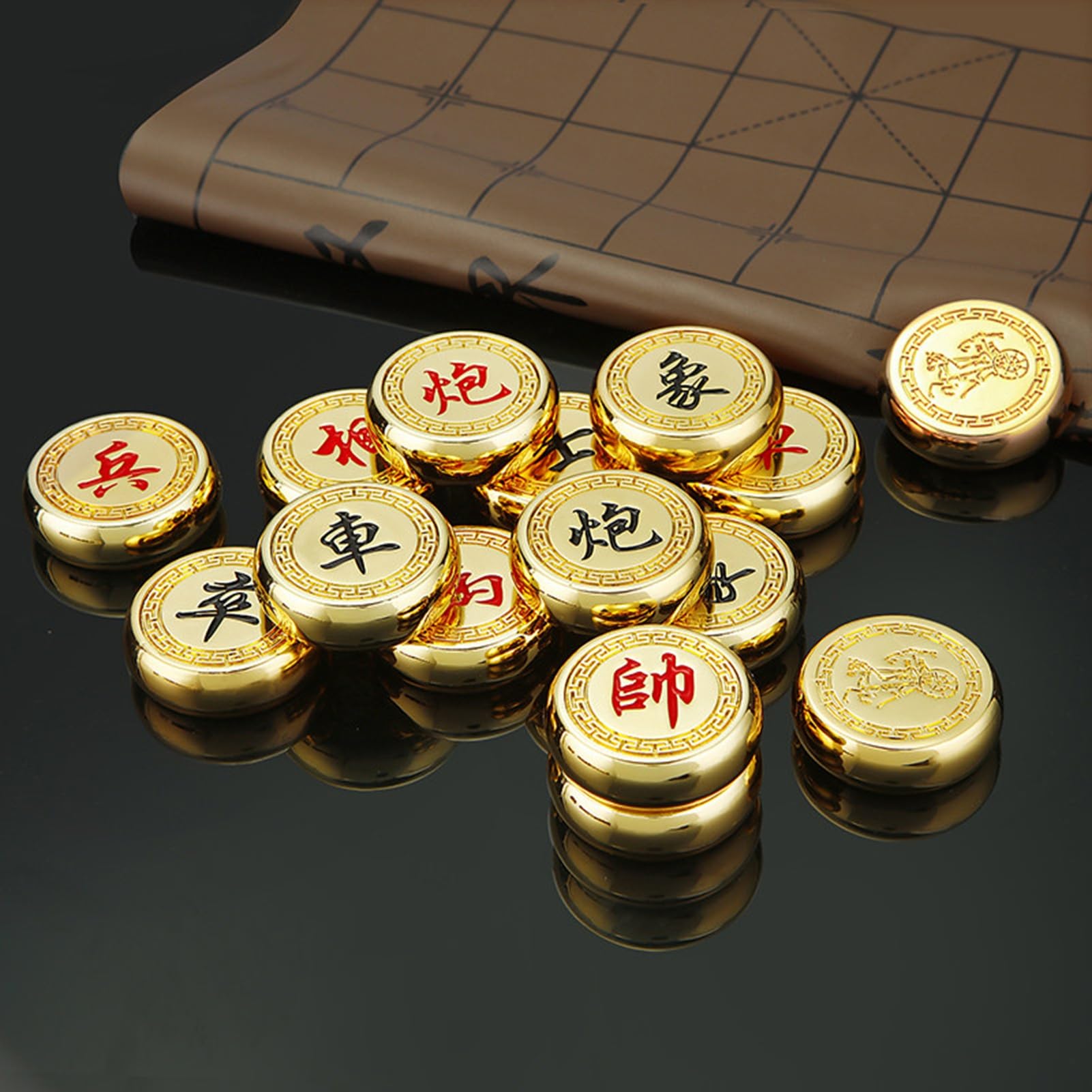 Set di scacchi cinesi in metallo Xiangqi con scacchiera in pelle e scatola di legno