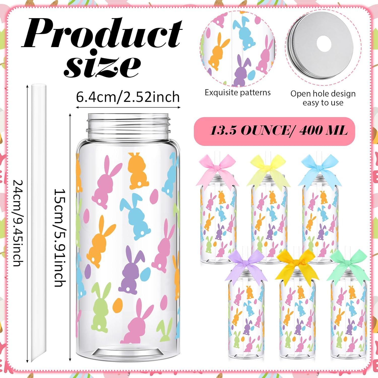 Qinyoung 24 Pcs Reusable Easter Plastic Tumblers with Lids and Straws Bow Bulk 13.5 oz Easter Bunny Cups Colorful Bunny Plastic Cup for Easters Party Favors Supplies Beverage Ice Coffee Beer Juice - Image 2