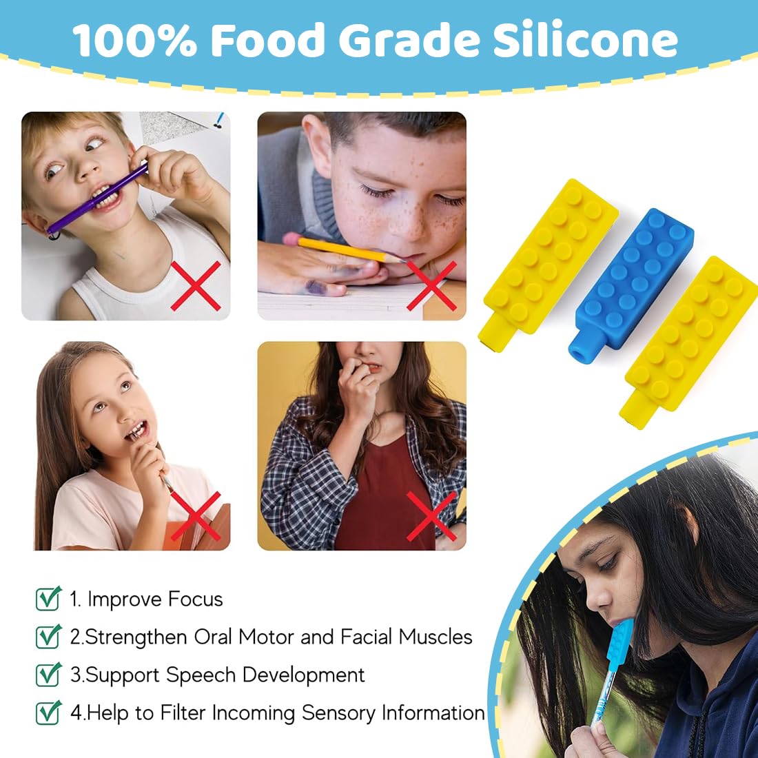 Set Di 4 Collane Da Masticare In Silicone – Massaggiagengive, Giocattolo Sensoriale Per Bambini Con Autismo E ADHD