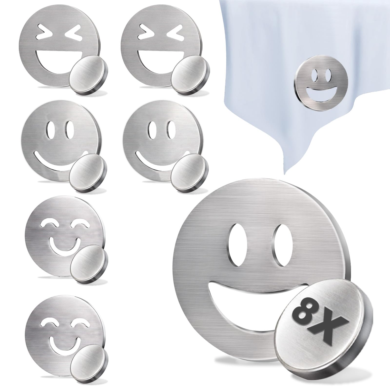 8 sztuk obciążników do obrusu ze stali nierdzewnej, magnetyczne wzornictwo Smiley, ekstra mocne, ok. 45 g na sztukę, do obrusów i firanek, obciążniki do obrusów z woreczkiem materiałowym