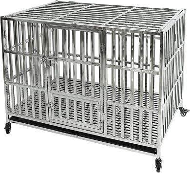 47" Stainless Steel Dog Crate Pet Kennel Foldable Dog Kennels Dog Cage Pet Playpen with Lockable Wheel, Tray for Medium and Large Dogs