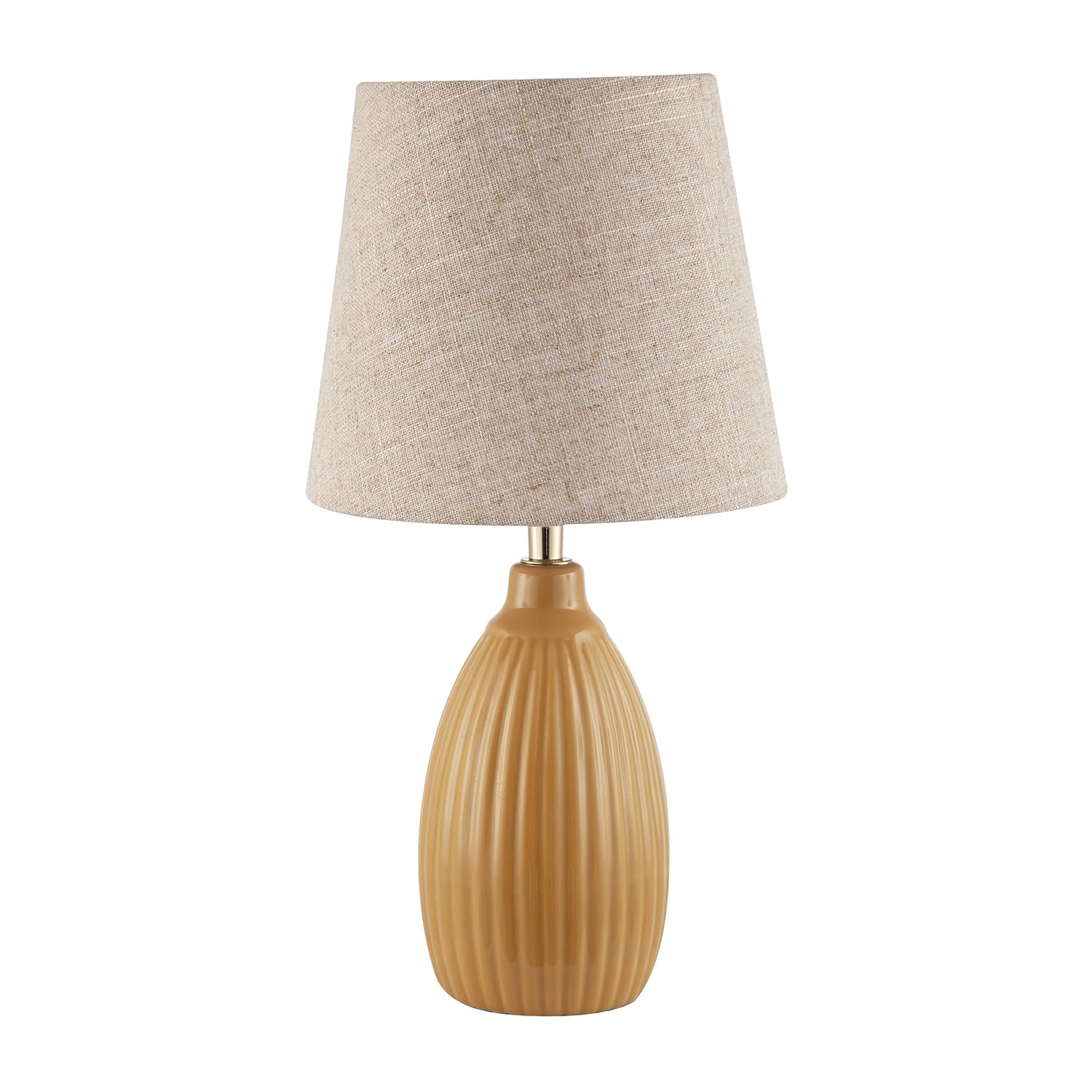 Happy Homewares White/Black/Light Mustard Etched Lined Ceramic Gloss Table Lamp With Linen Fabric Shade