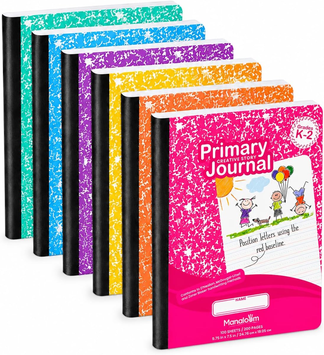 Primary Composition Notebook K-2, Primary Journal Grades K 2, Preschool, 1st Grade, Kindergarten Notebooks, Primary Ruled - 9.75″ x 7.50″ - Sturdy Covers - 100 Sheets - Assorted Colors - (6 Pack)