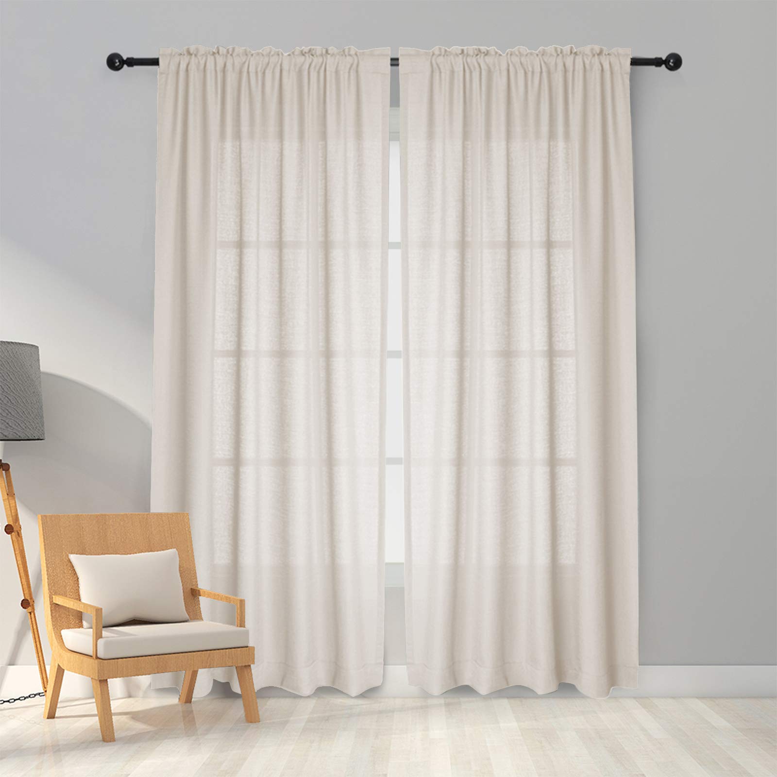 Melodieux Natural Beige Semi Sheer Curtains 63 Inches Long for Living Room, Linen Look Bedroom Rod Pocket Voile Drapes, 52 by 63 Inch (2 Panels)