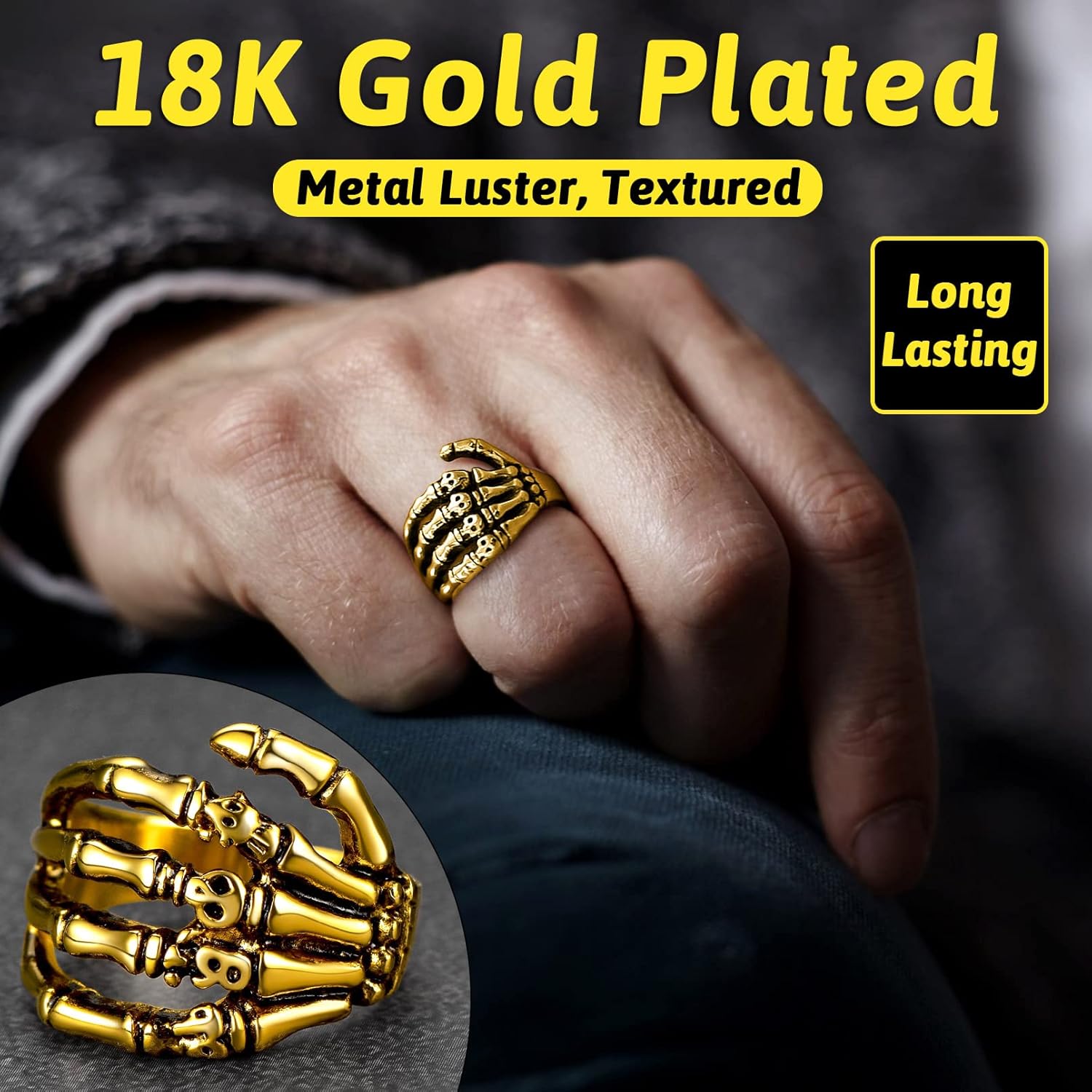 FaithHeart Skull Rings for Men Gothic Punk Stainless Steel Band Rings Biker Skeleton Thumb Ring Cocktail Party Jewelry with Gift Box