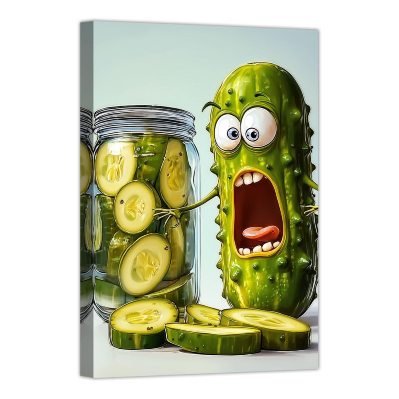 CHAOSETKEN Kitchen Wall Art Whimsical Cucumber Pictures Prints Funny Vegetable Canvas Paintings Pickle Poster for Dining Room Restaurant Decor Framed