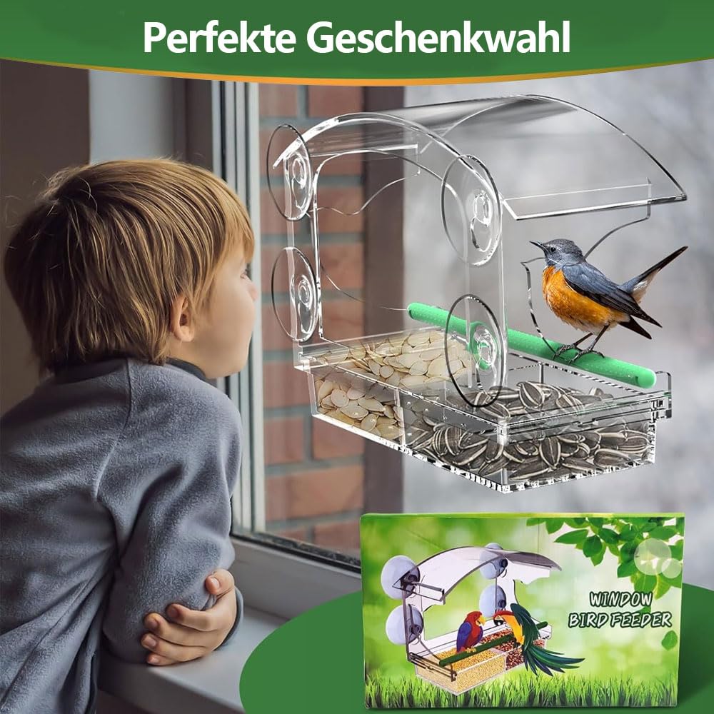 Mangiatoia Uccelli Da Finestra Con Ventose - Mangiatrice Trasparente Per Piccoli Uccelli | 25x15.5 Cm - Foto 3