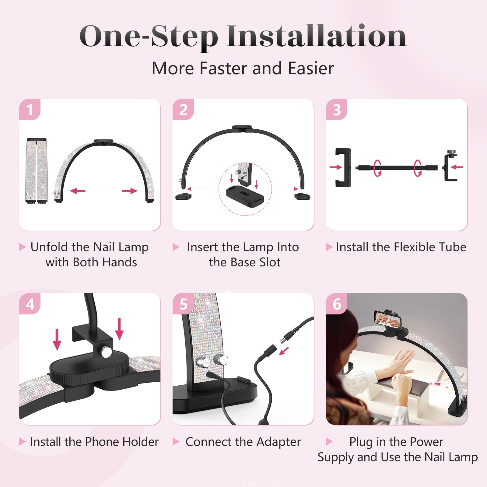 Half Moon Light for Nail Tech: 31 inch Lash LED Lamp with Phone Holder - 48W Foldable Arch Lights for Eyelash Tech - Manicure Handicraft Lighting for Spa,Salon: Black