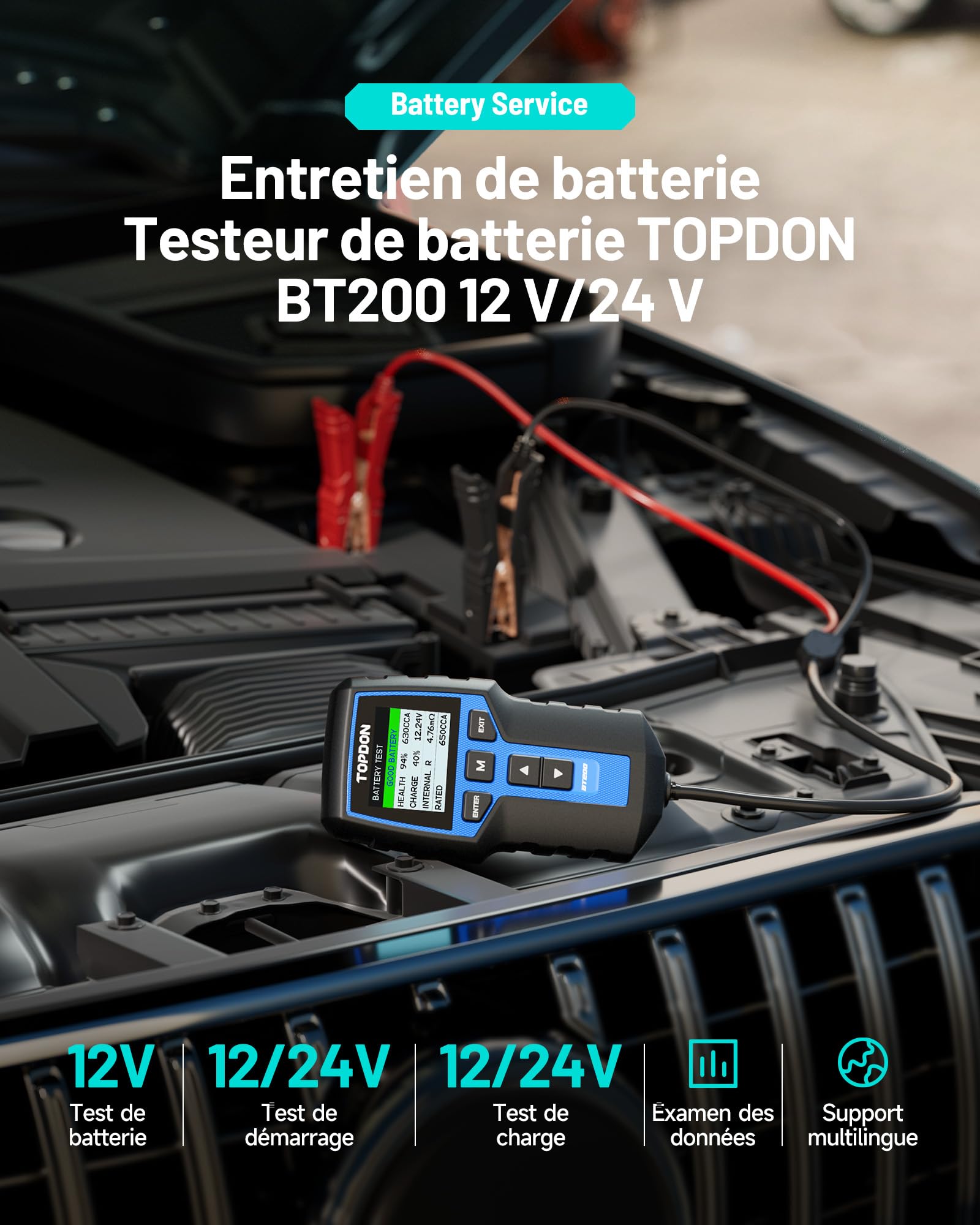 TOPDON Testeur de batterie BT200 12V 24V testeur batterie voiture Test de Lancement Test de Recharge pour Batteries 100-2000 CCA