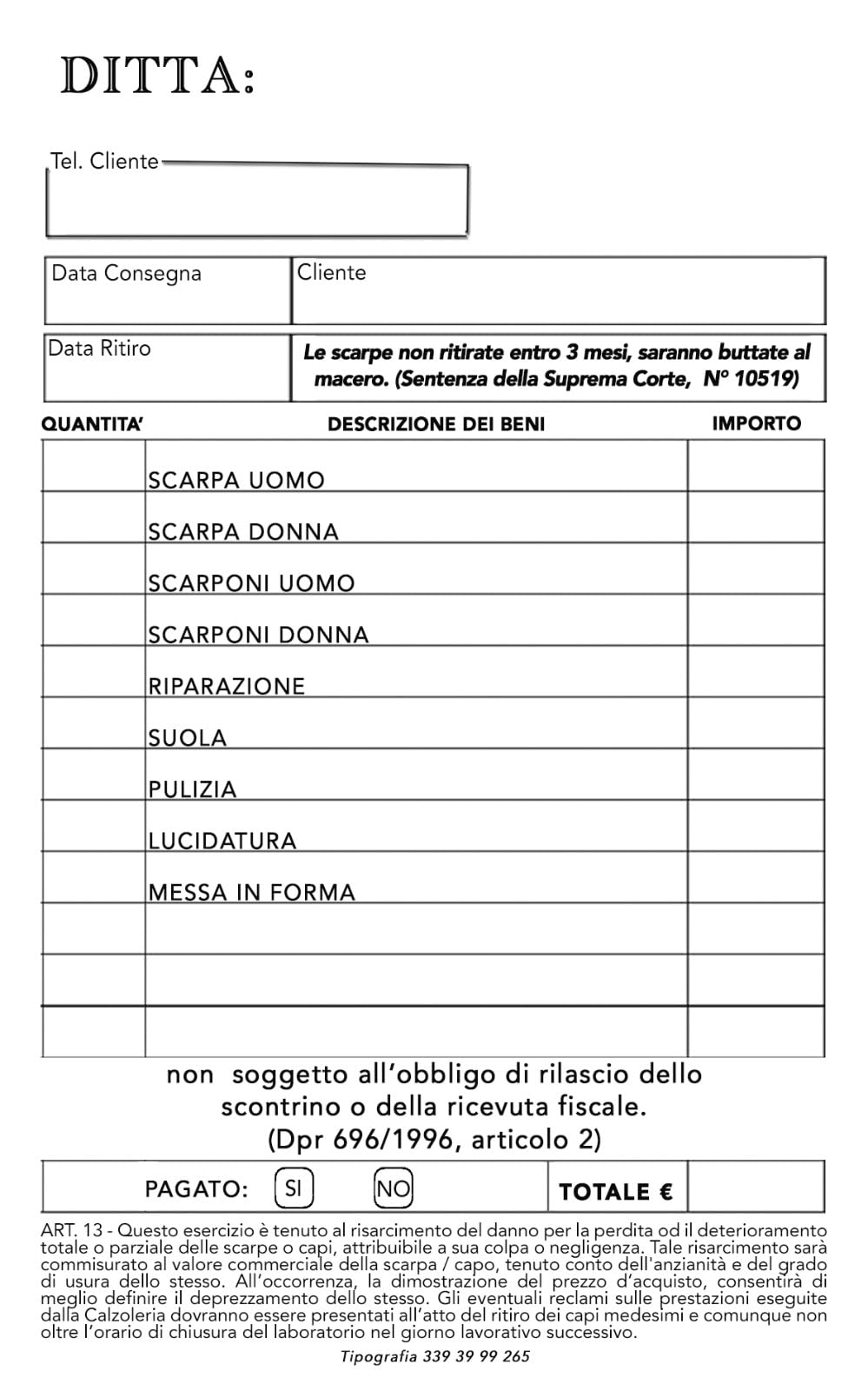 Blocchetti Ricevute Calzolaio in Duplice Copia Autocopianti, Riparazione, scarpe, Stivali, Borse, Cinture (Blocco, 20, Conteggio)