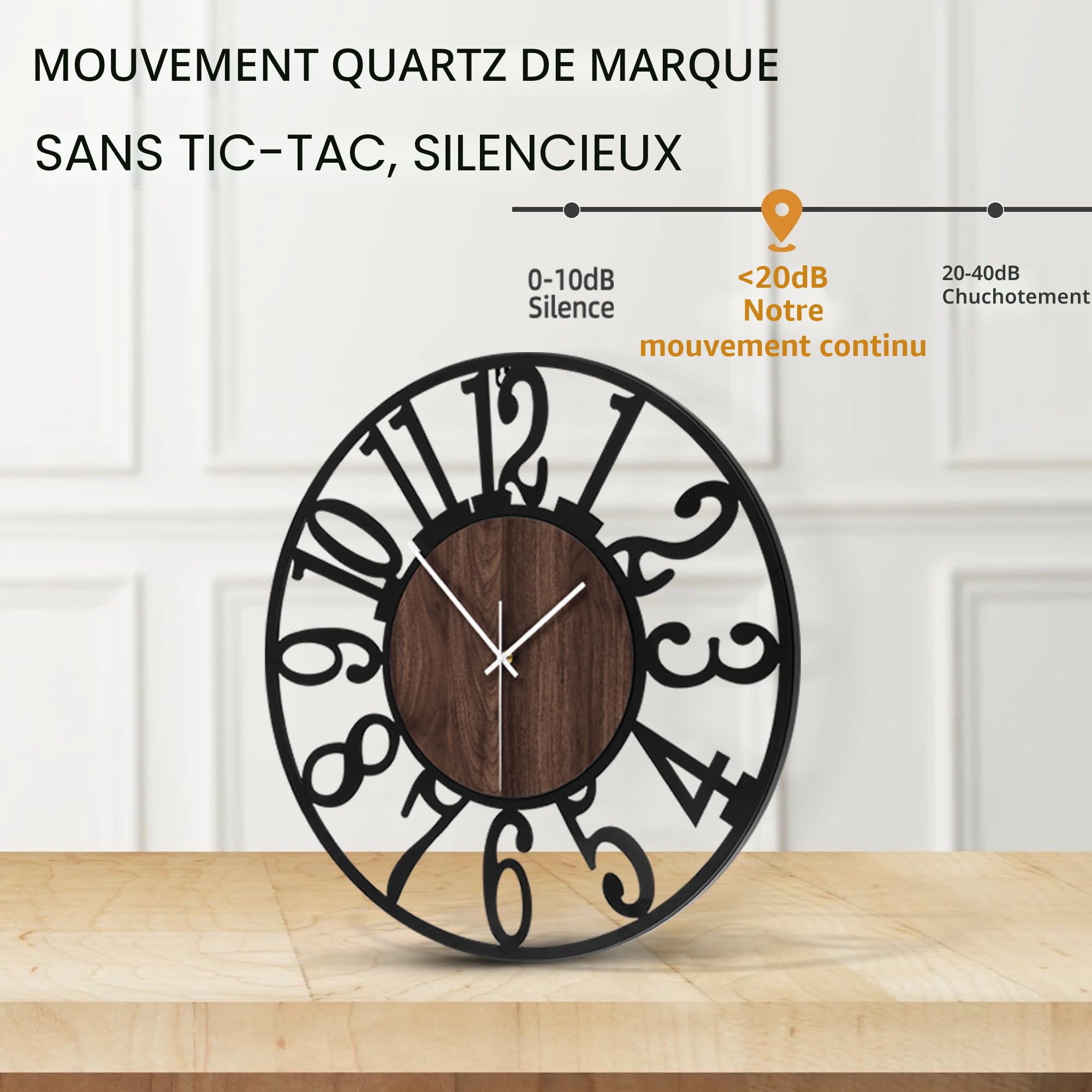 Horloge Murale Design Moderne et Vintage, 60cm/ 24 Pouces Silencieuse sans Tic-Tac, Grande Horloge Murale Géante XXL, Disponible en 34cm, 40cm, 50 cm, 60 cm, 80 cm pour le Salon Cuisine Bureau