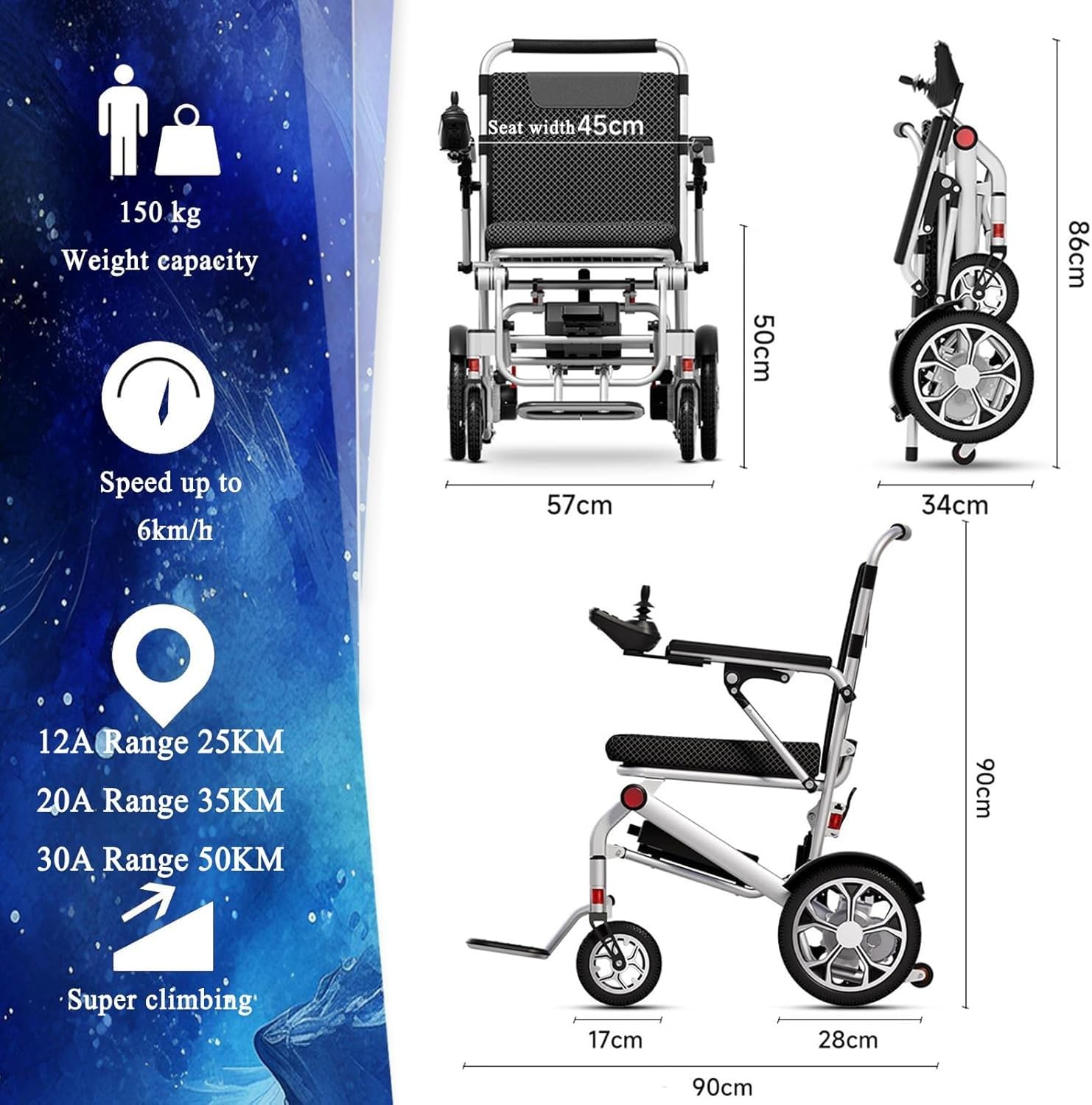 Sedia A Rotelle Elettrica Leggera con Telecomando,capacità Carico 150 kg,Sedia A Rotelle Elettrica Pieghevole Ultraleggera 14,9 kg,Sedia A Rotelle Elettrica Pieghevole per La Casa 30A