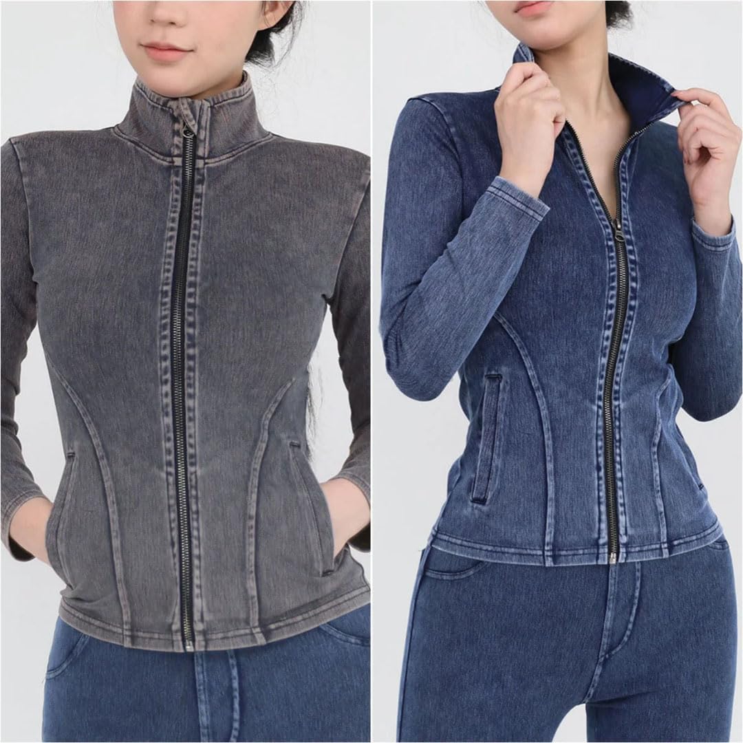 Top da donna in denim a maniche lunghe elasticizzato con cerniera intera, vestibilità aderente, con tasche, casual, con cerniera, abbigliamento sportivo per palestra e yoga, Blu scuro, XXL