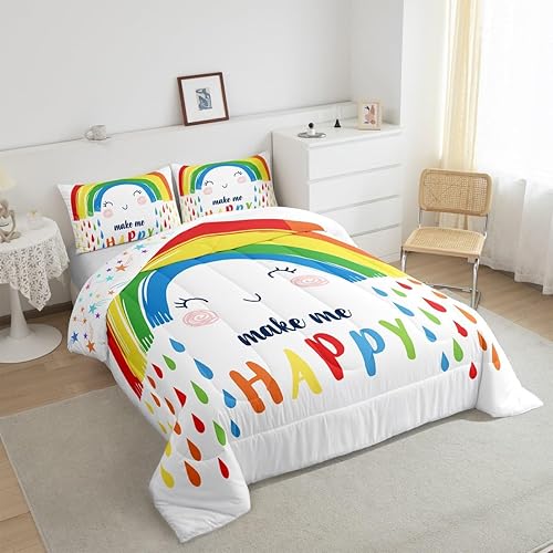 Miniatura 3 de Erosebridal Juego de edredón de arco iris, tamaño individual, juego de ropa de cama de arcoíris colorido blanco de dibujos animados para niños y