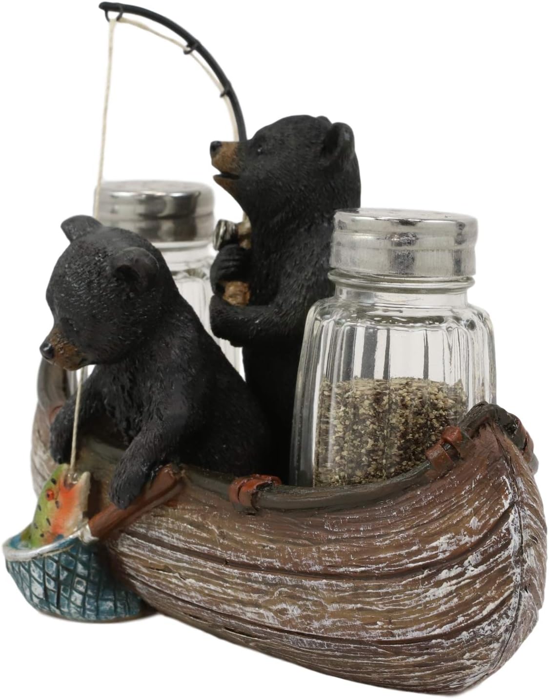 Ebros Gift 7" Wide Rustic Forest 2 Black Bear Siblings Fishing Bass With Net And Rod In Canoe Boat Glass Salt And Pepper Shakers Holder Statue Kitchen Dining Centerpiece Figurine